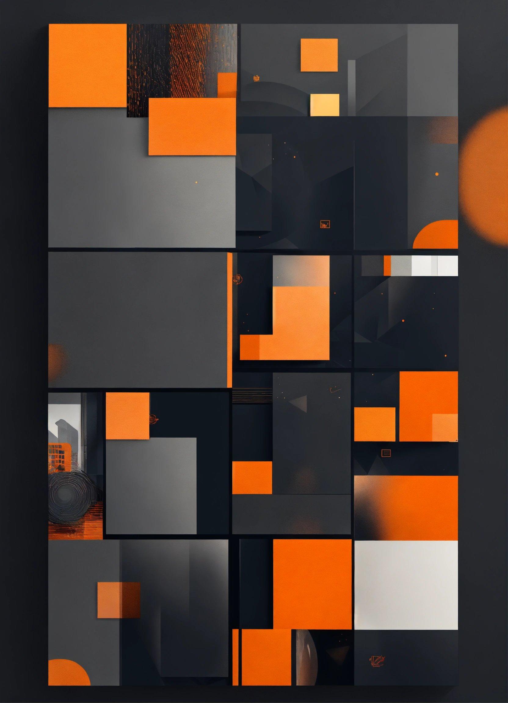 A Black And Orange Abstract Painting With Squares And Rectangles