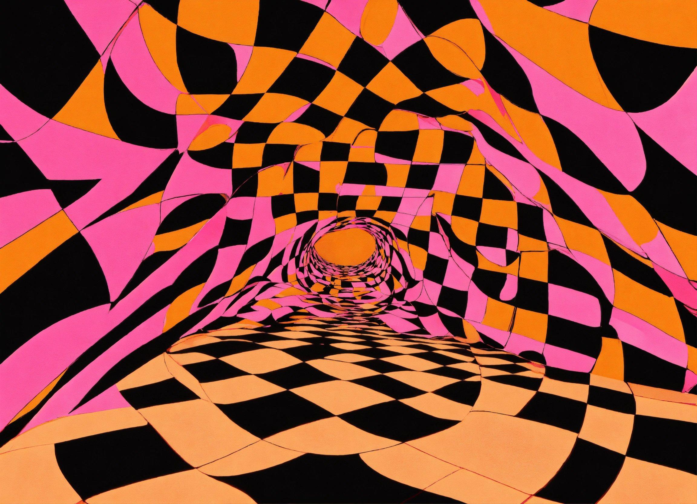 A Black And Pink Tunnel With A Checkered Floor