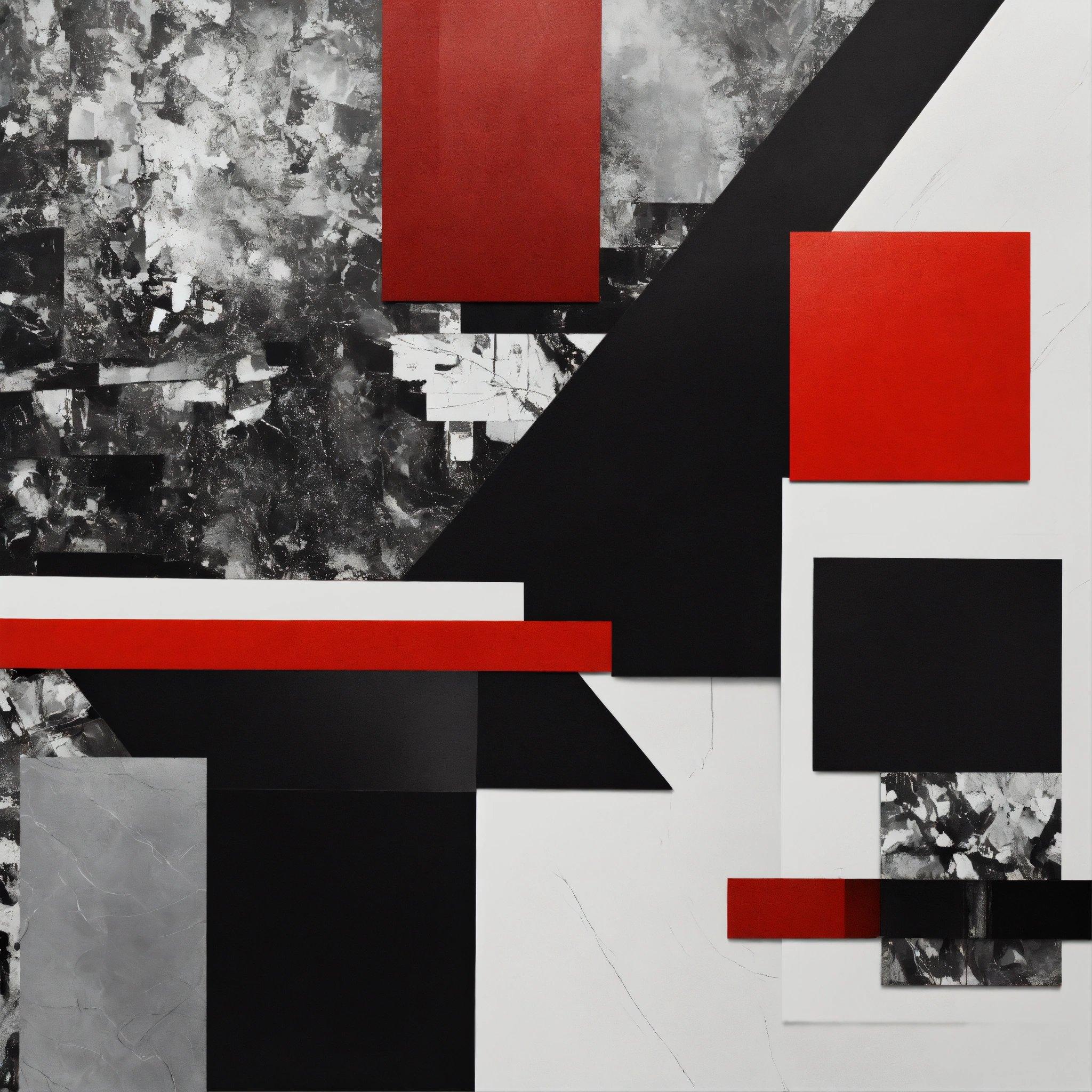 A Black And White Abstract Painting With Red Accents