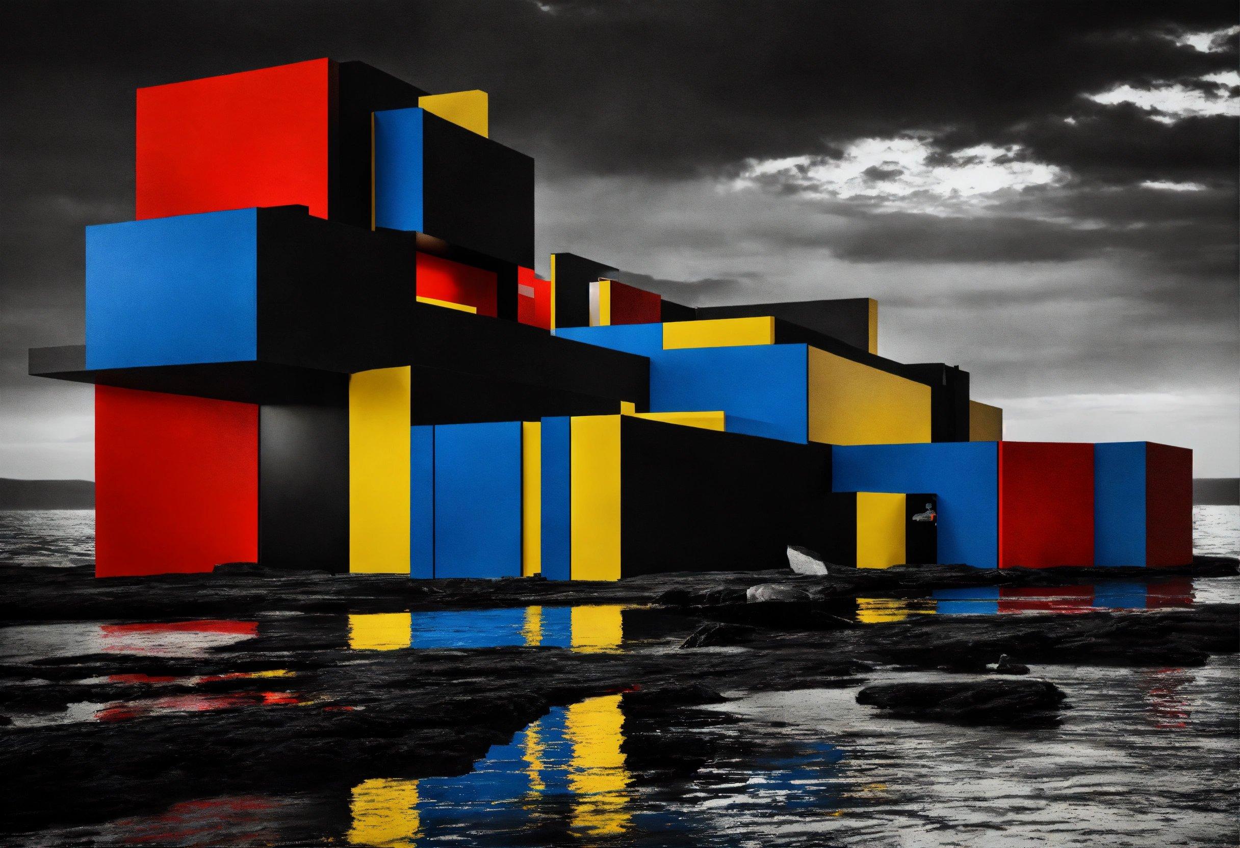 A Black And White Photo Of A Building With Red, Yellow, And Blue Blocks