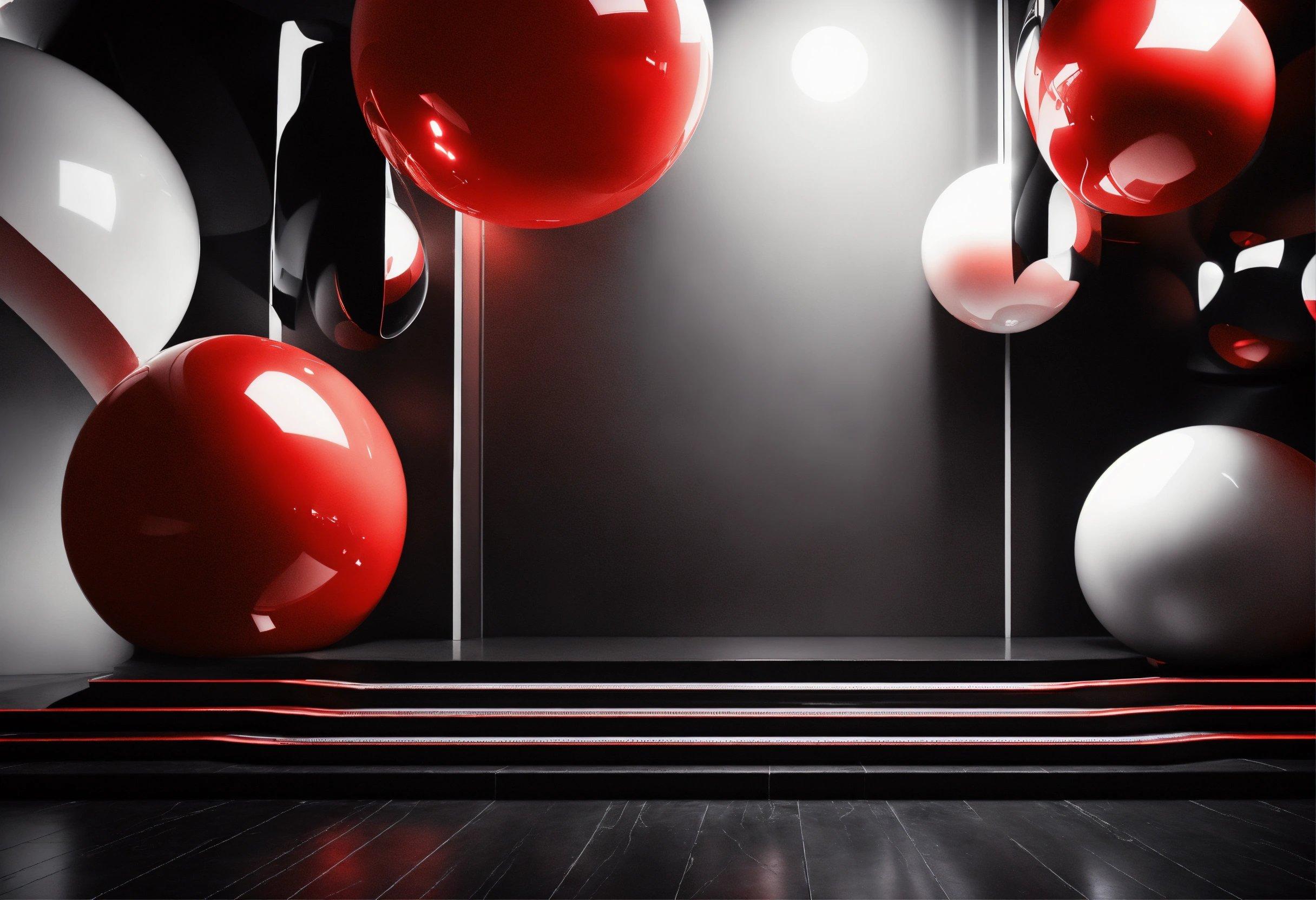 A Black And White Room With Red And White Balloons