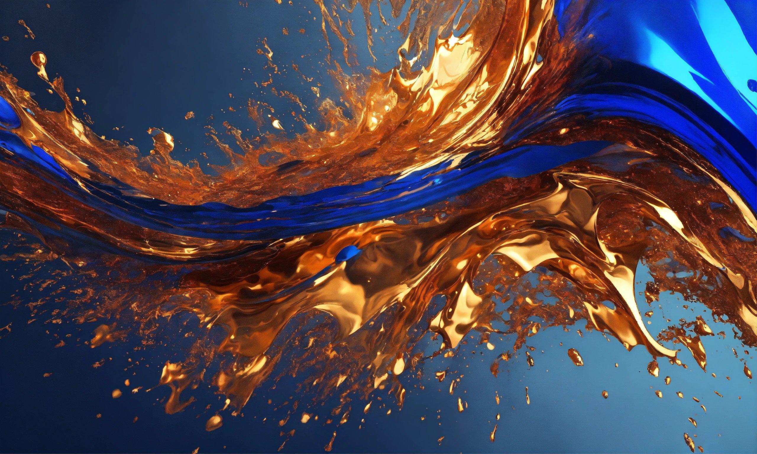 A Blue And Gold Liquid Splashing Out Of A Blue Bottle