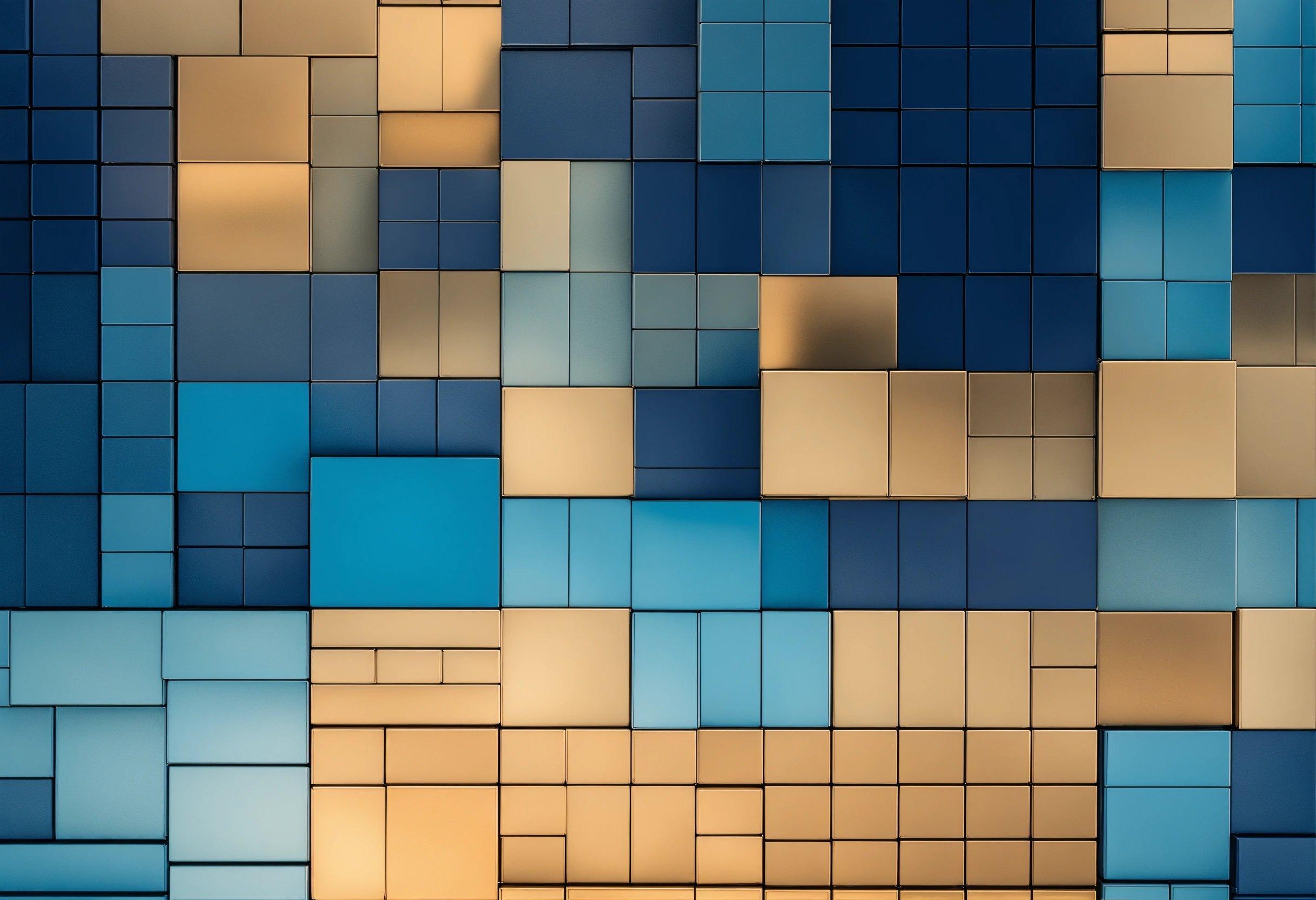 A Blue And Gold Tiled Wall With A Clock On It