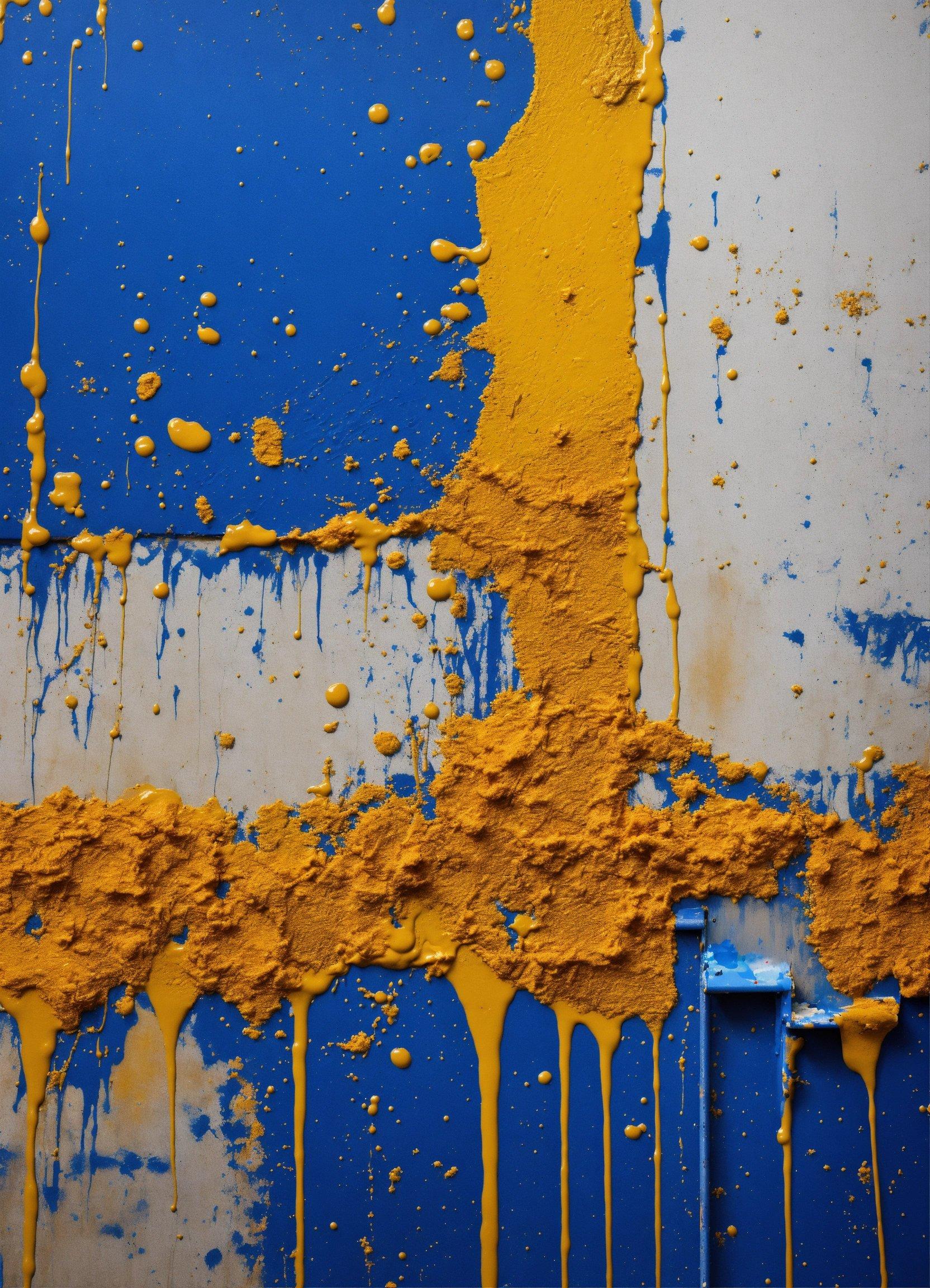 A Blue And Yellow Wall With Yellow Paint On It