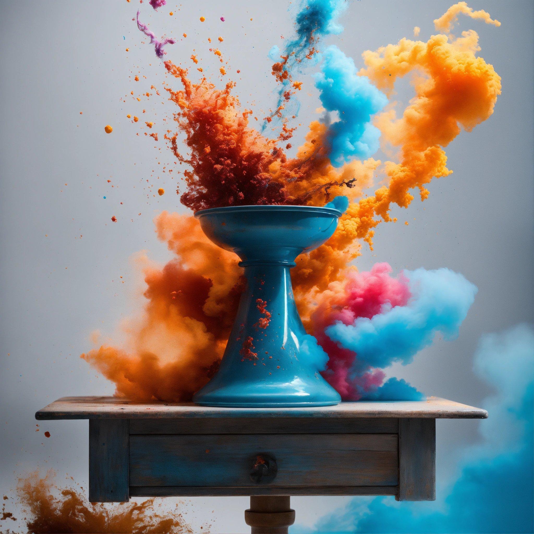 A Blue Vase Filled With Colored Powder On Top Of A Table