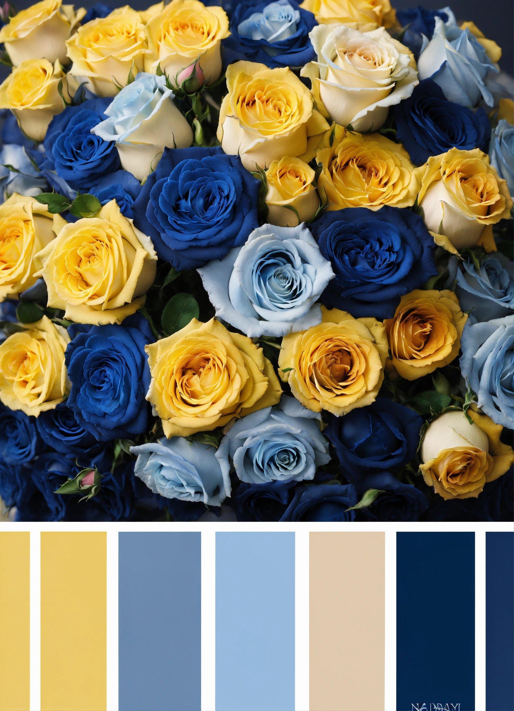 A Bouquet Of Blue, Yellow And White Roses