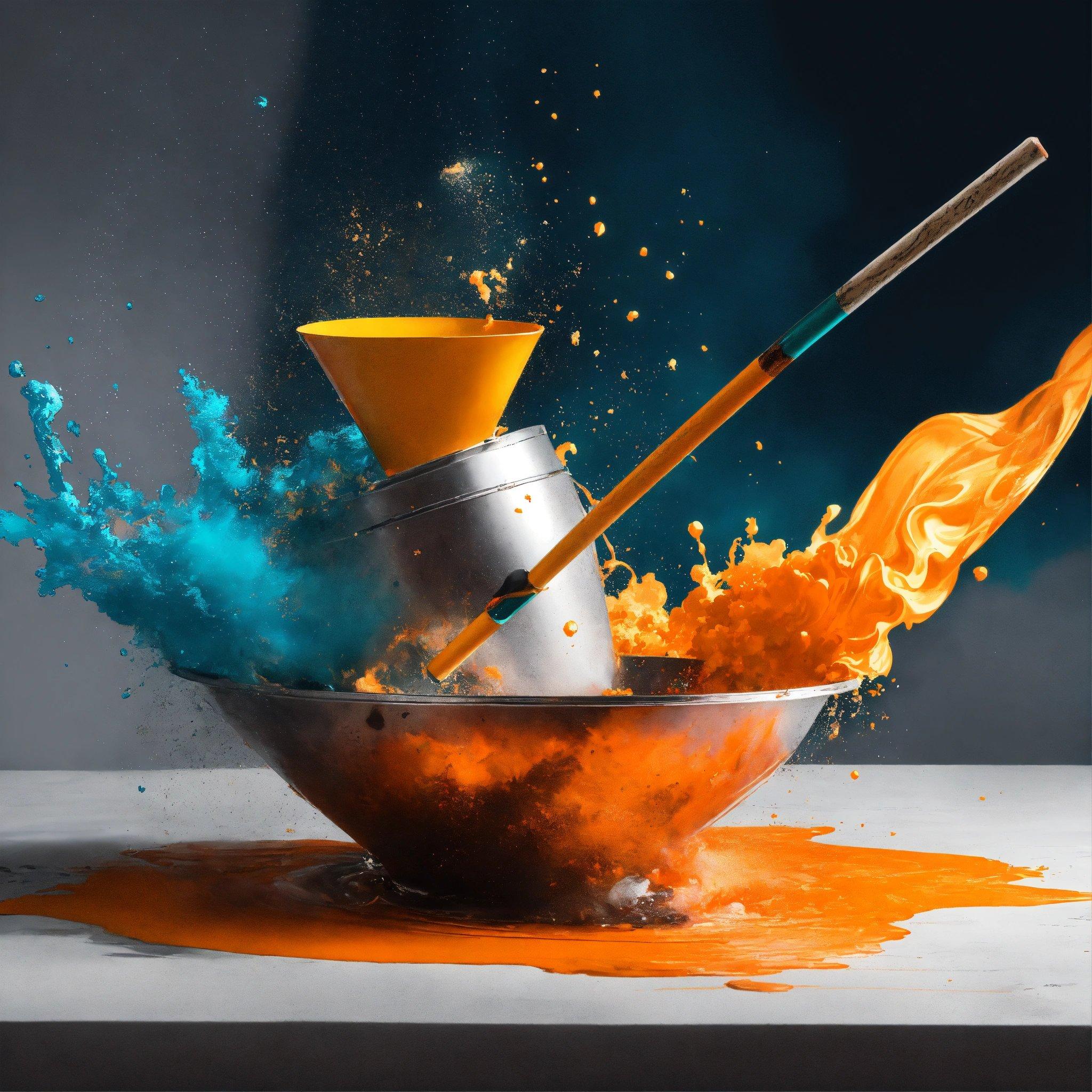 A Bowl Of Orange And Blue Powder With Two Wooden Sticks Sticking Out Of It