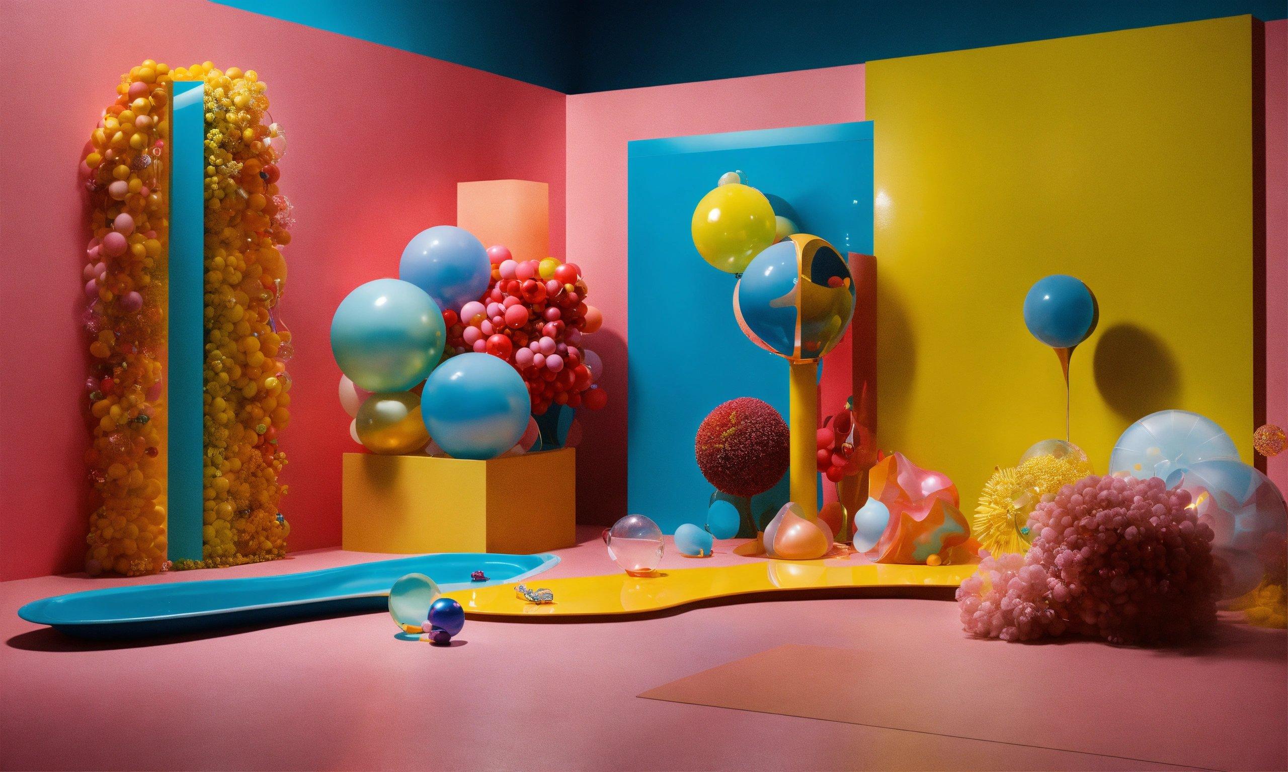 A Brightly Colored Room With Balloons And Other Decorations