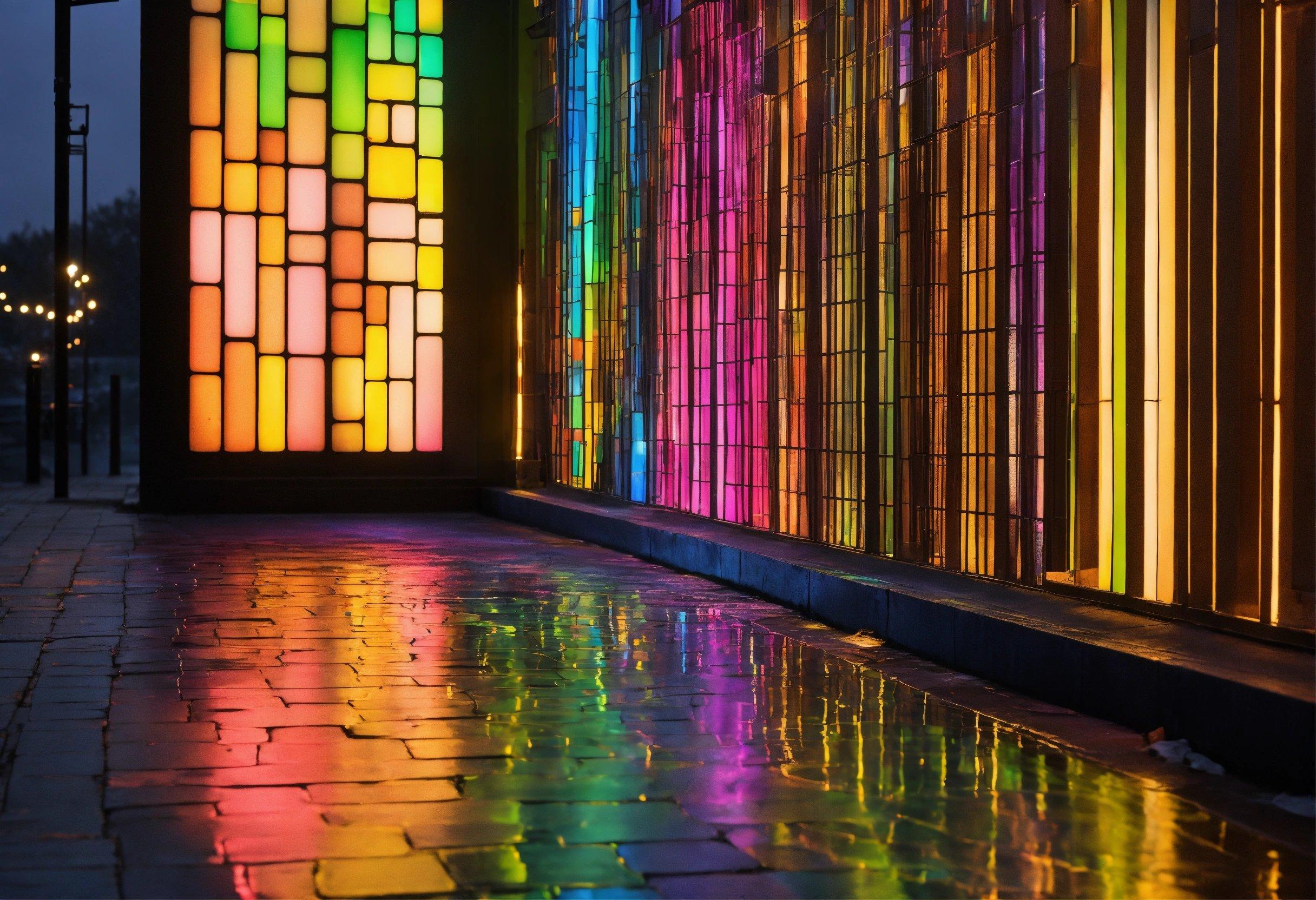 A Building With A Rainbow Colored Glass Window Next To It