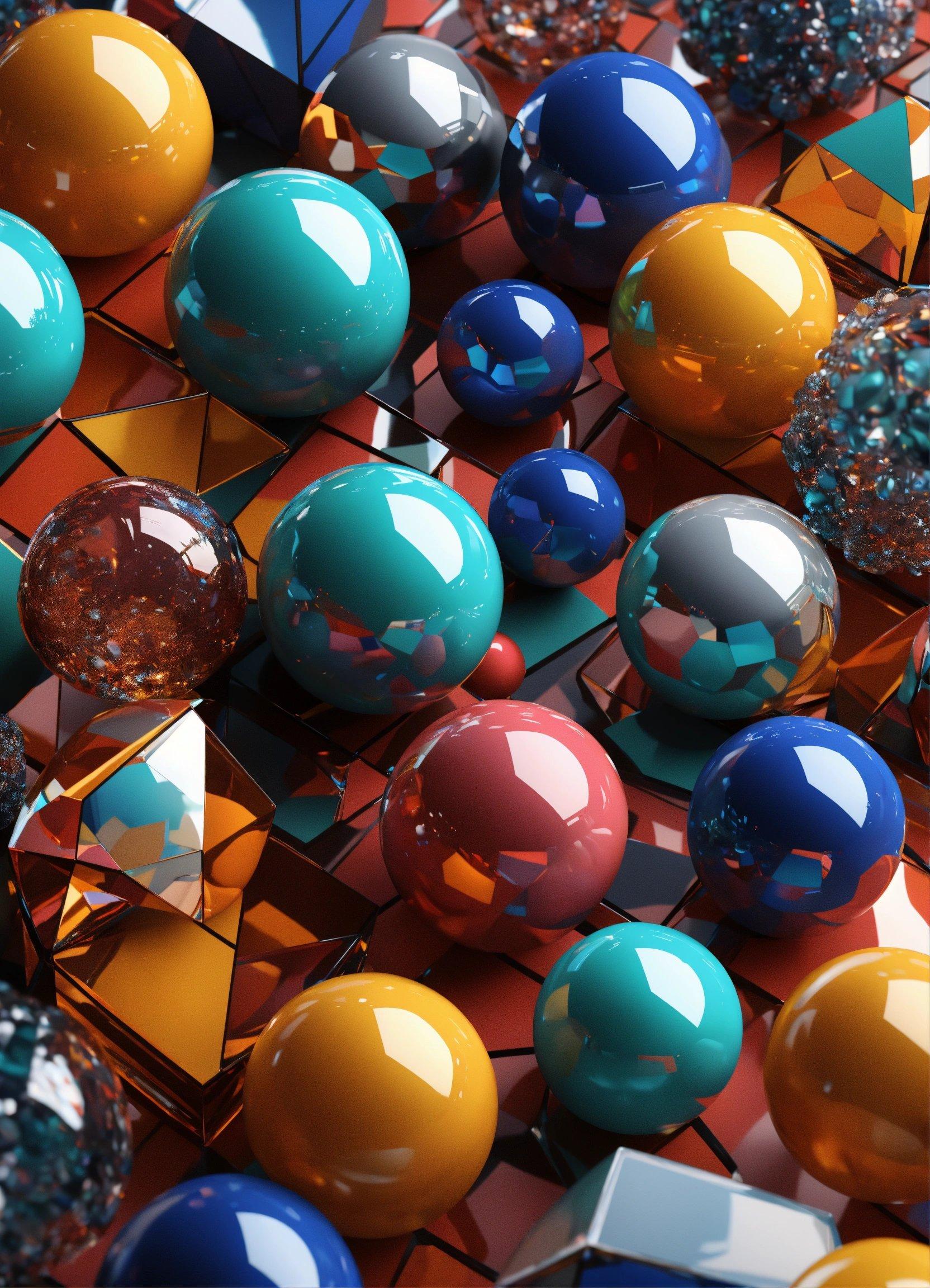 A Bunch Of Colorful Balls And Mirrors On A Table