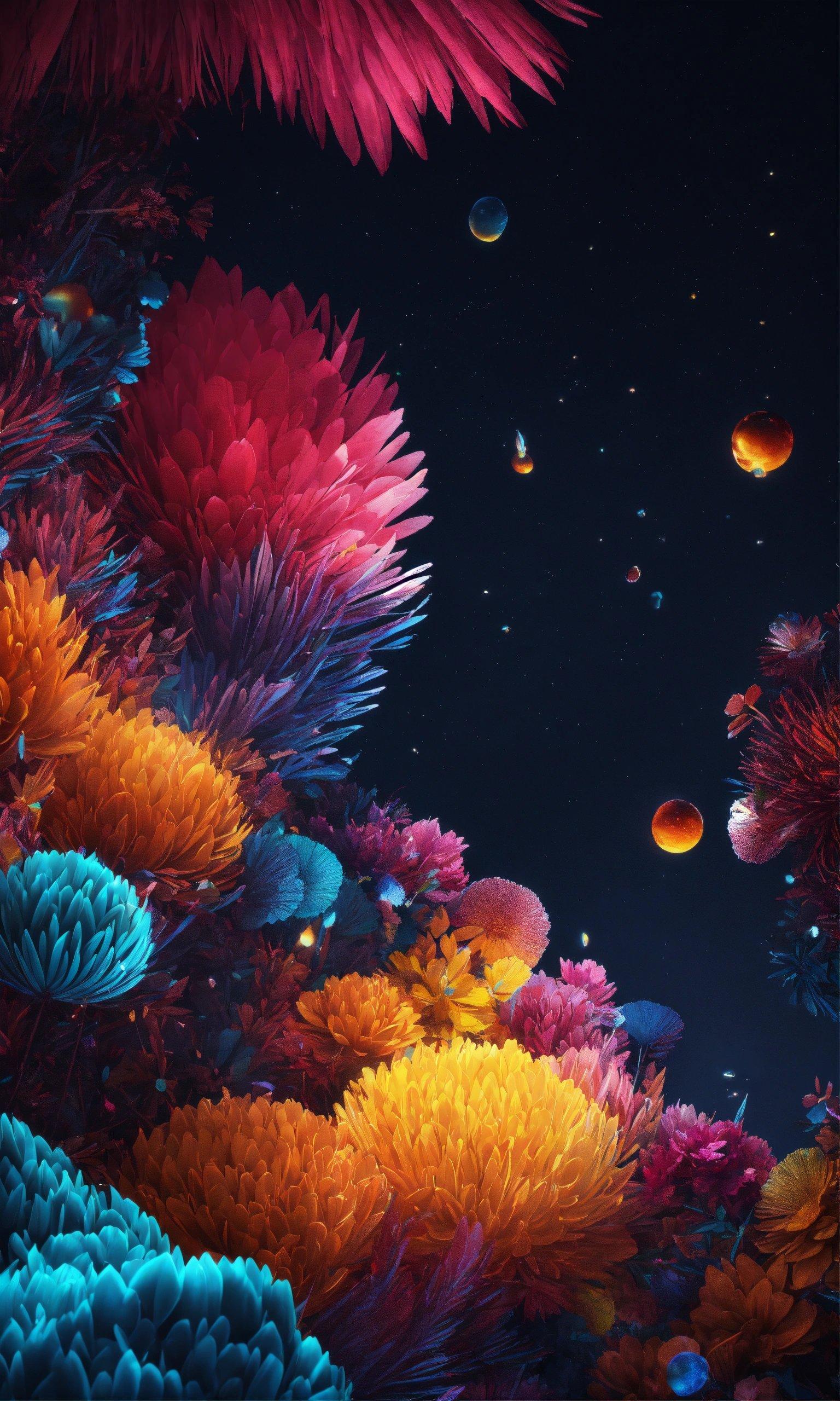 A Bunch Of Colorful Flowers And Bubbles Floating In The Air