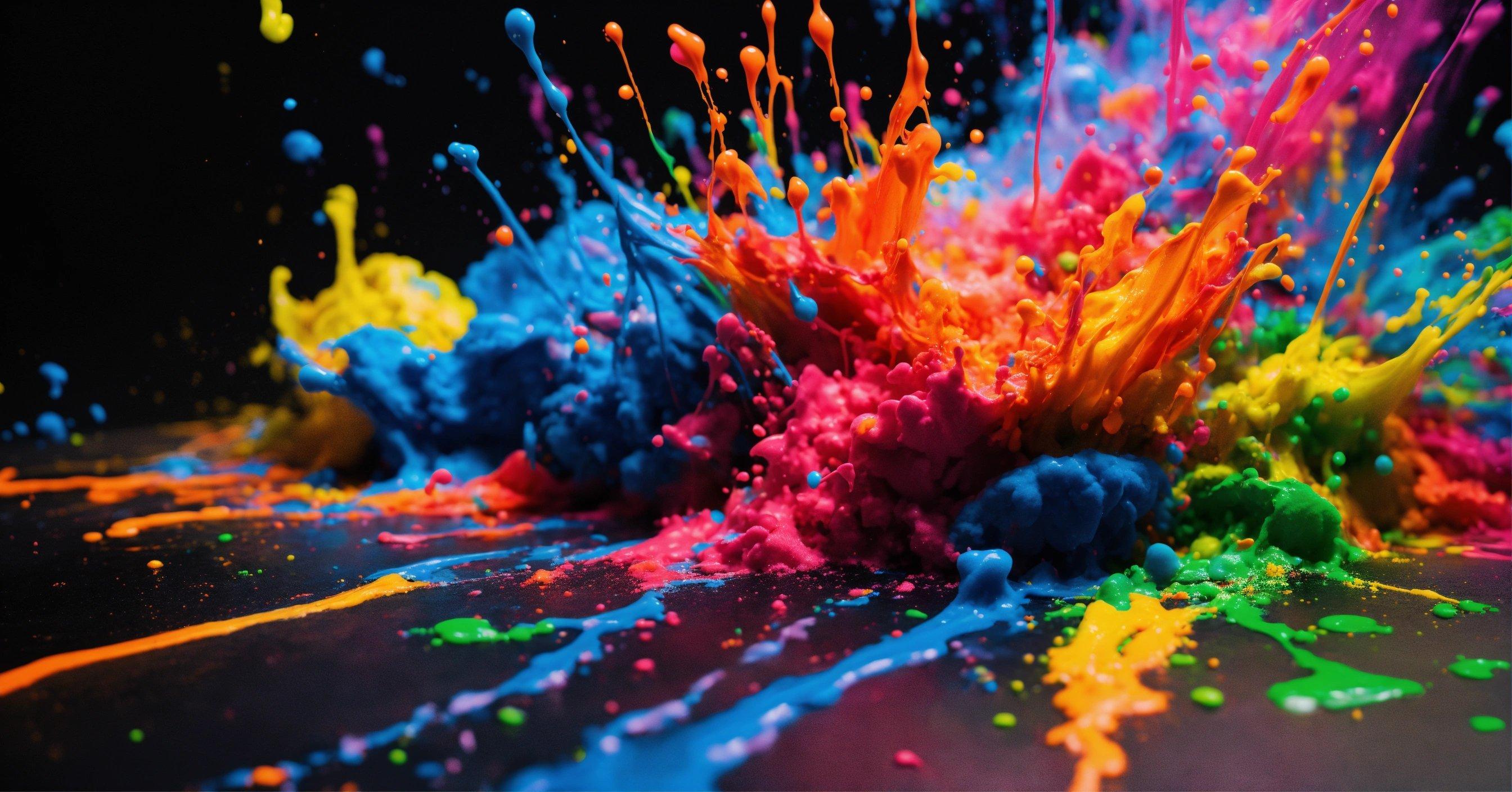 A Bunch Of Colorful Paint Splattered On A Black Surface