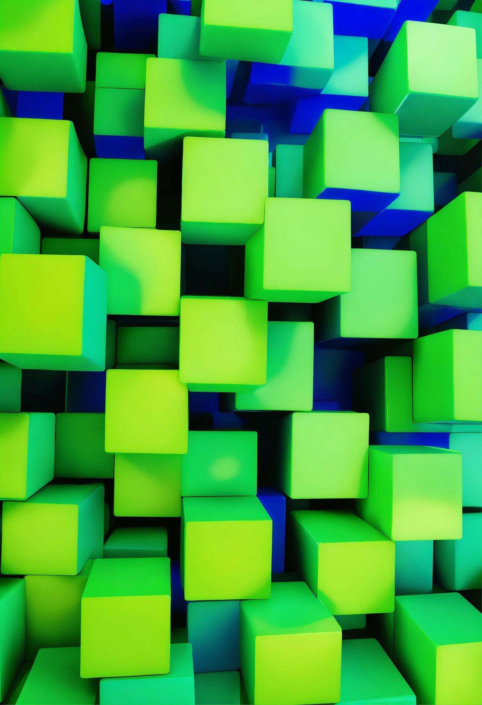 A Bunch Of Cubes That Are Green And Blue