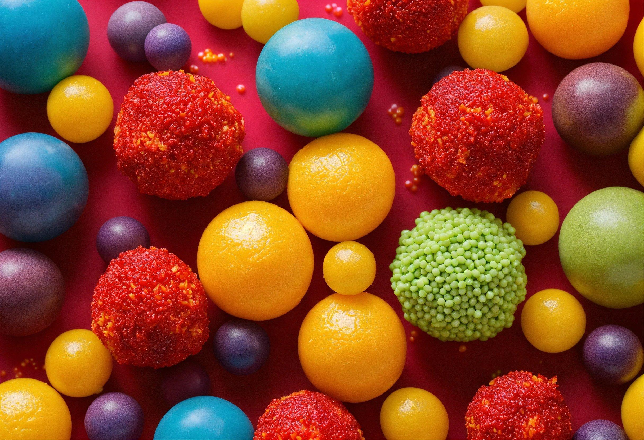 A Bunch Of Different Colored Candies On A Red Surface