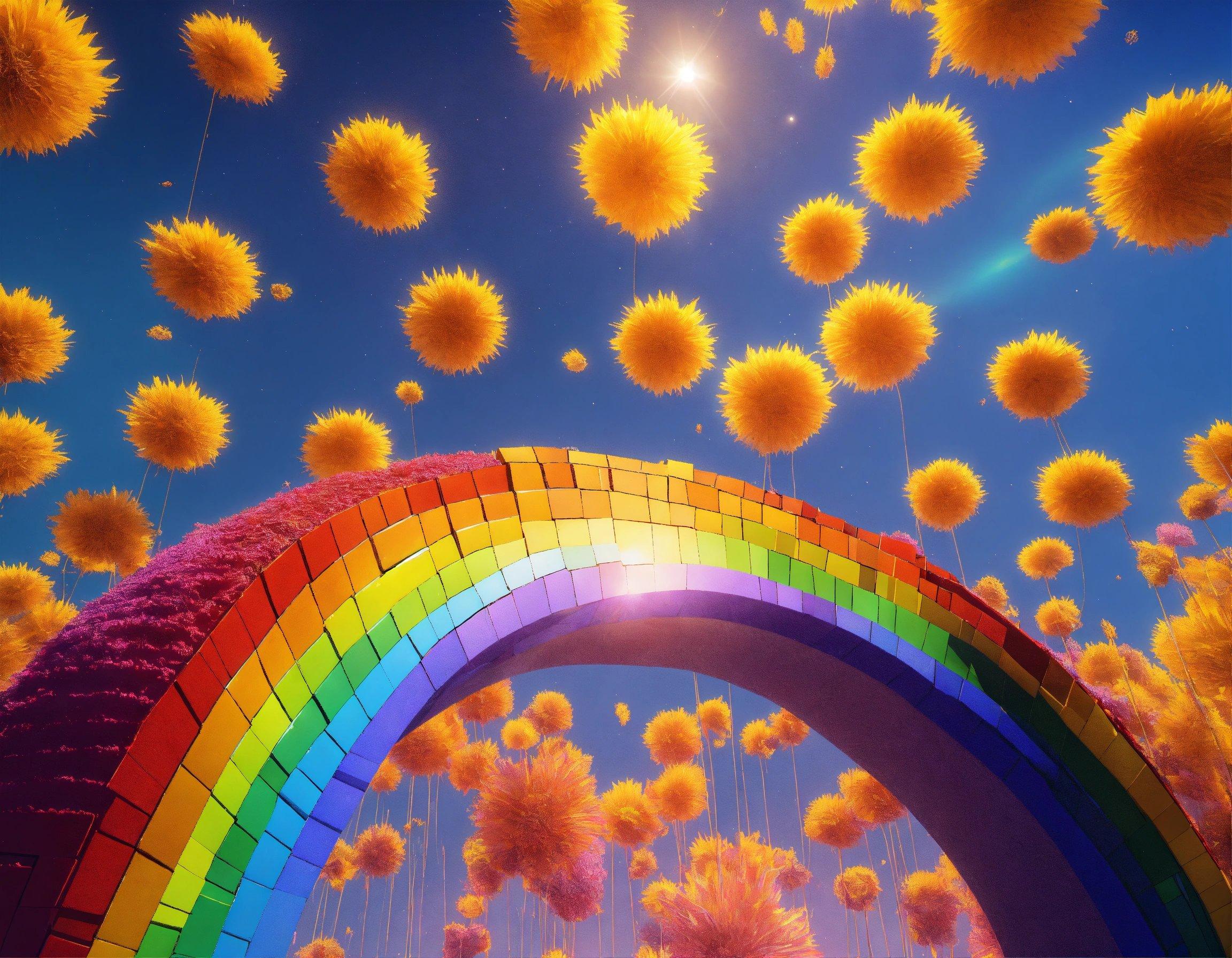 A Bunch Of Yellow Flowers Floating Over A Rainbow