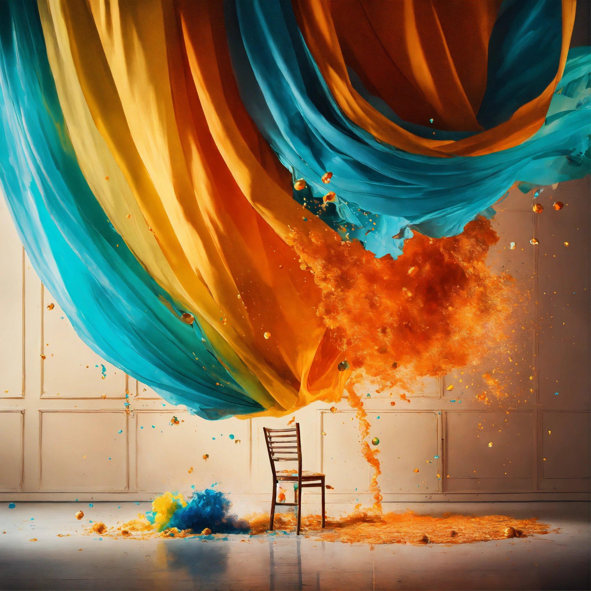 A Chair Sitting In Front Of A Colorful Curtain