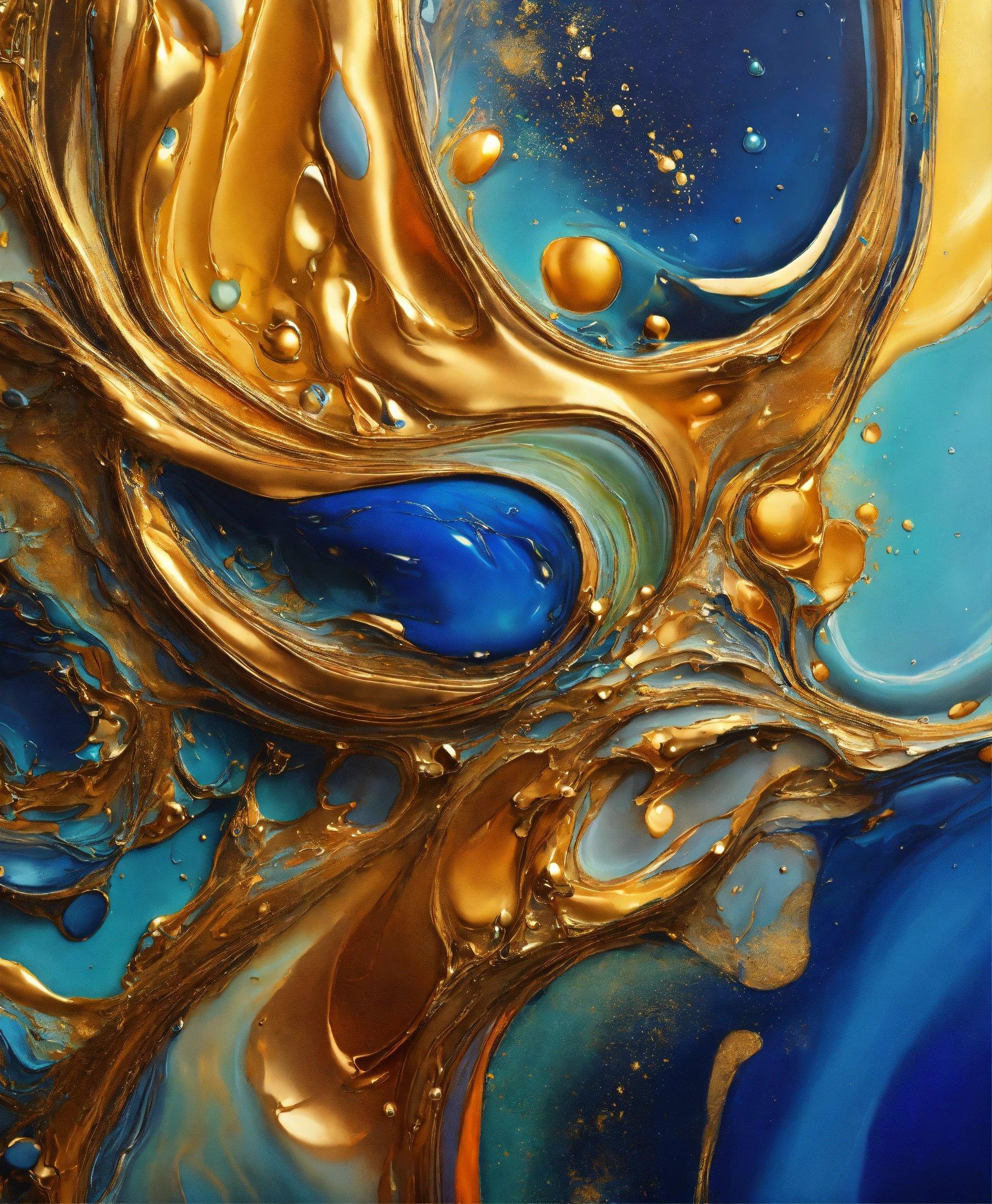 A Close Up Of A Blue And Gold Liquid Painting