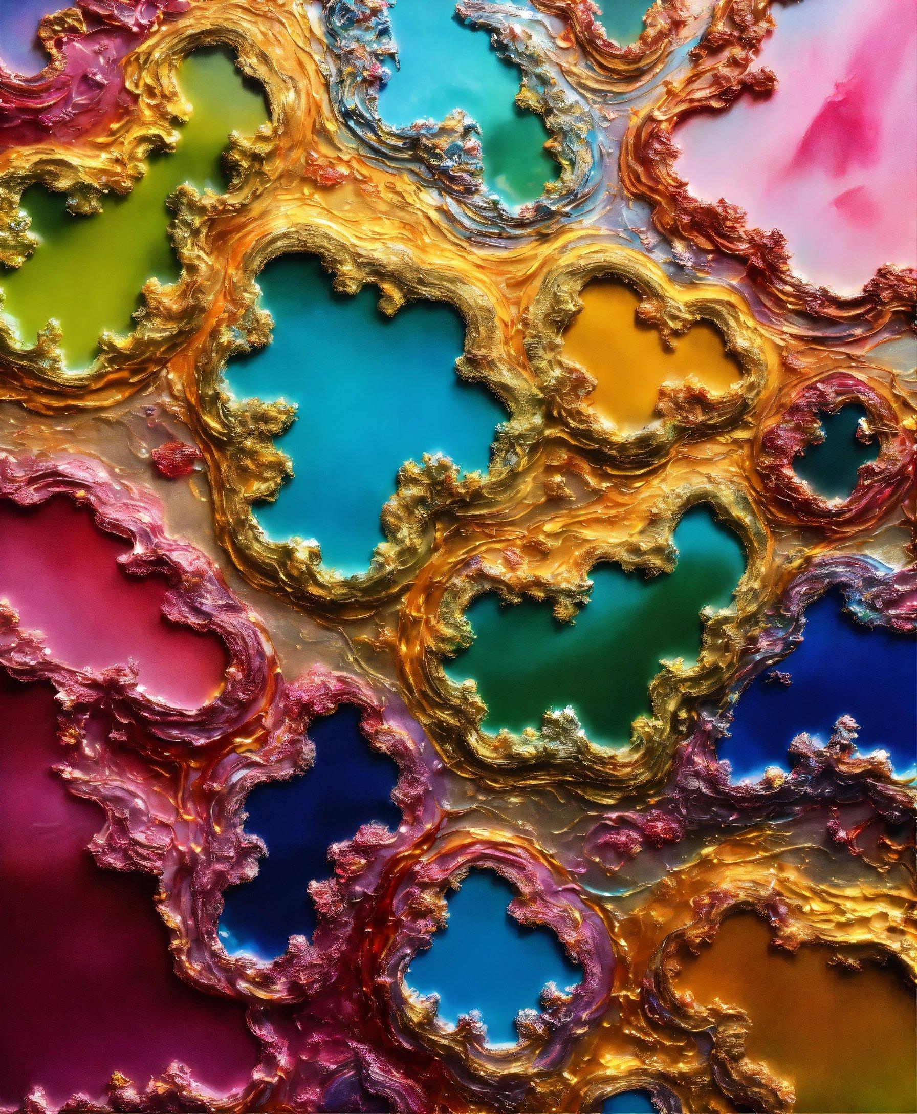 A Close Up Of A Colorful Painting With Gold