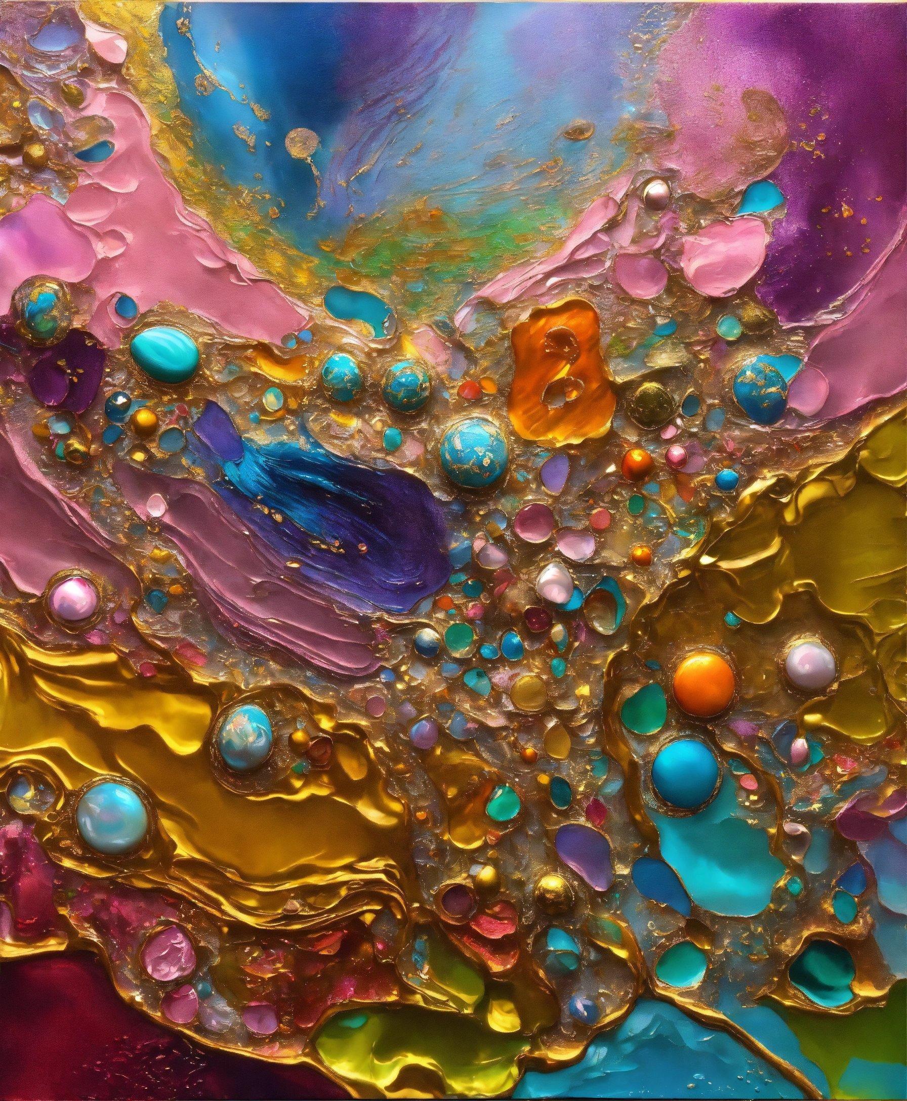 A Close Up Of A Colorful Painting With Lots Of Bubbles