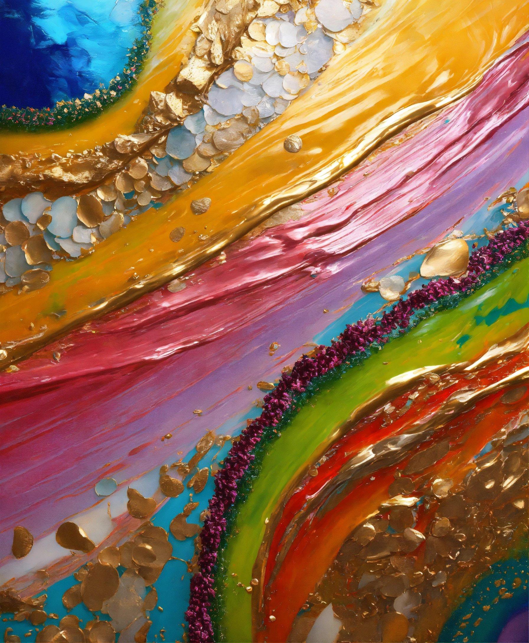 A Close Up Of A Colorful Painting With Lots Of Gold