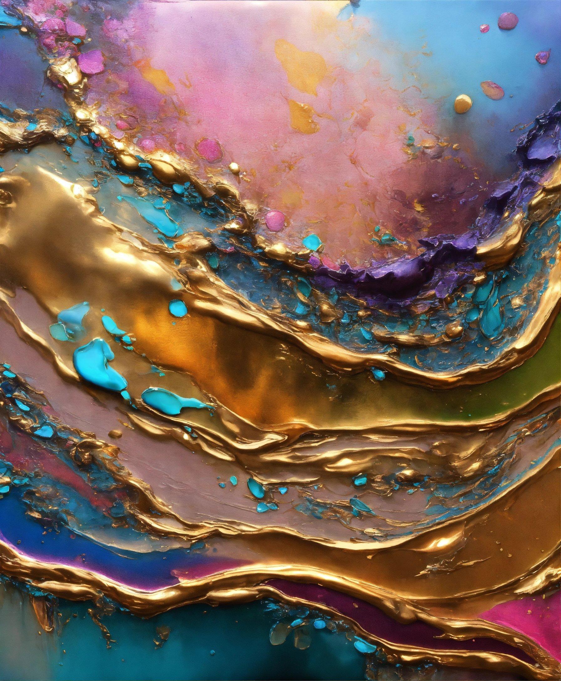 A Close Up Of A Painting With Gold And Blue