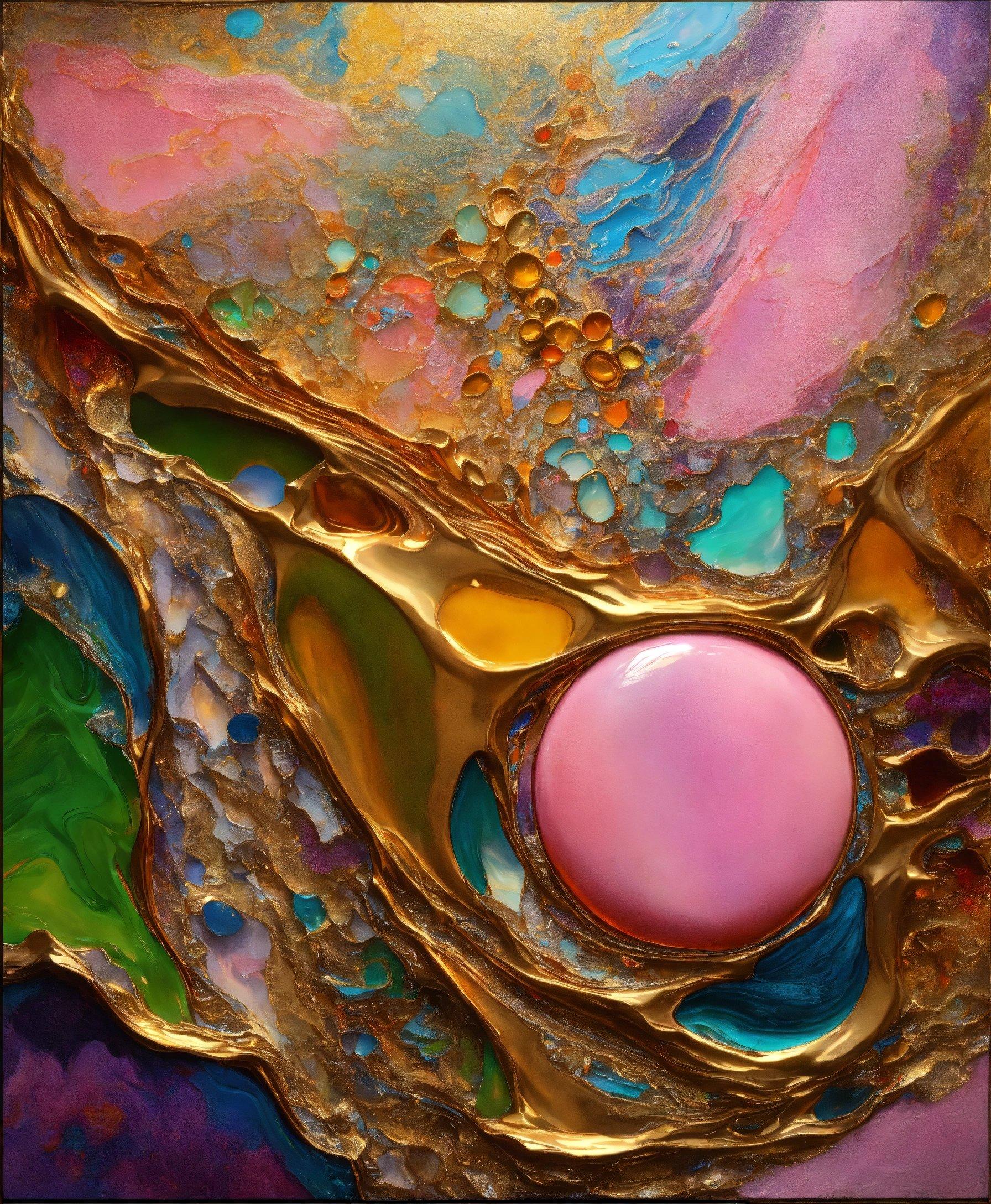 A Close Up Of A Painting With Gold And Pink