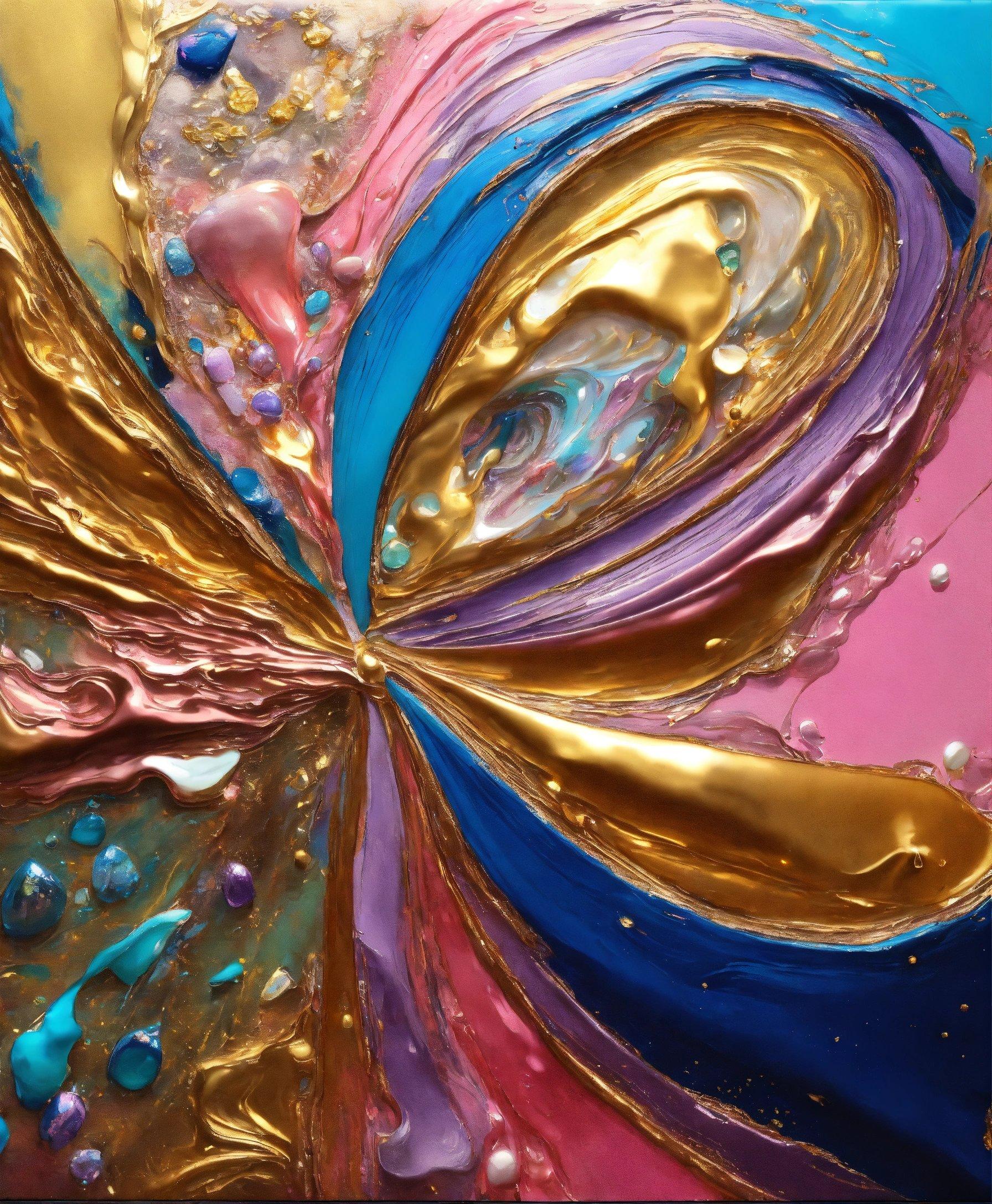 A Close Up Of A Painting With Gold, Blue, And Pink Colors