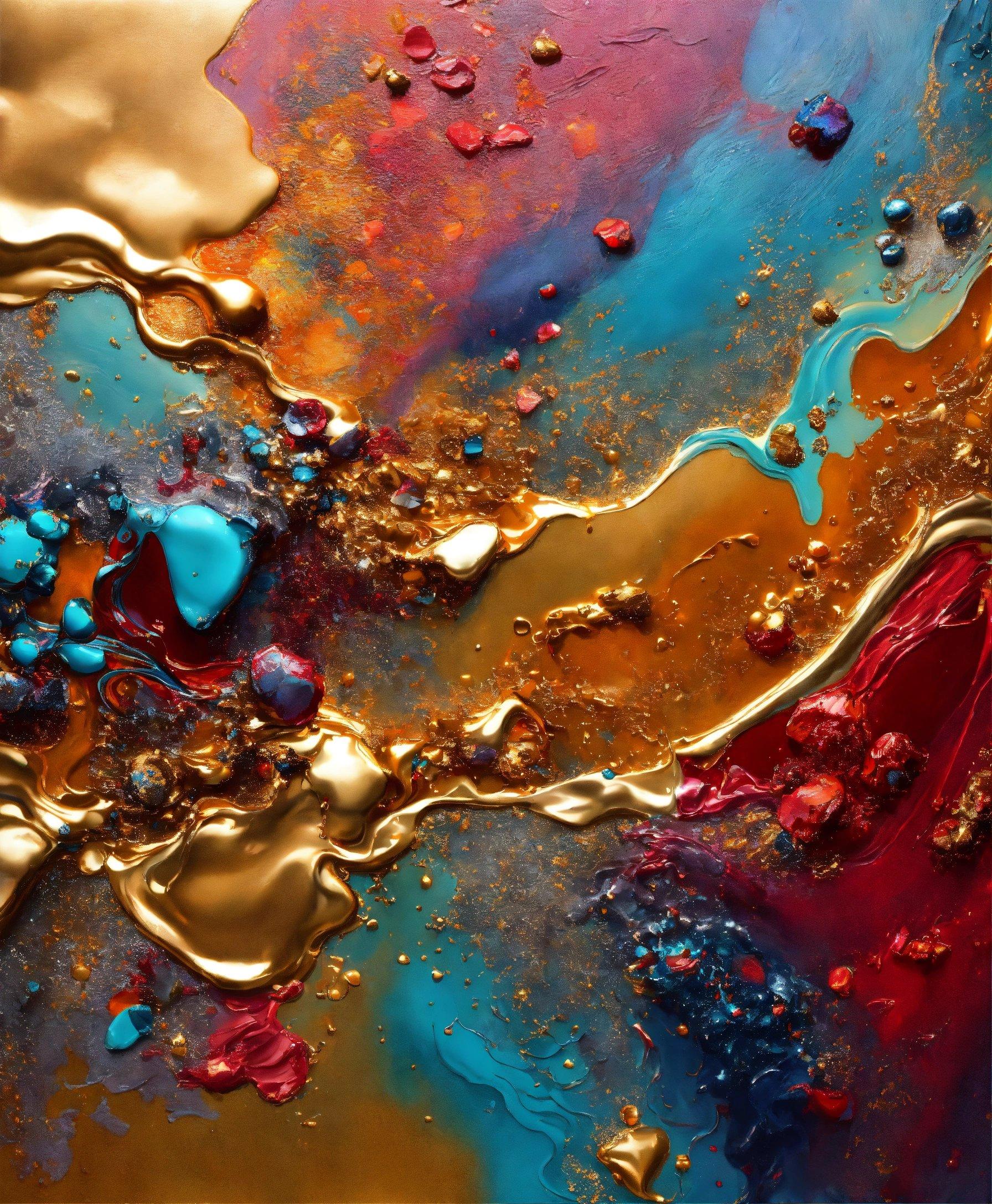 A Close Up Of A Painting With Gold, Blue, And Red Colors