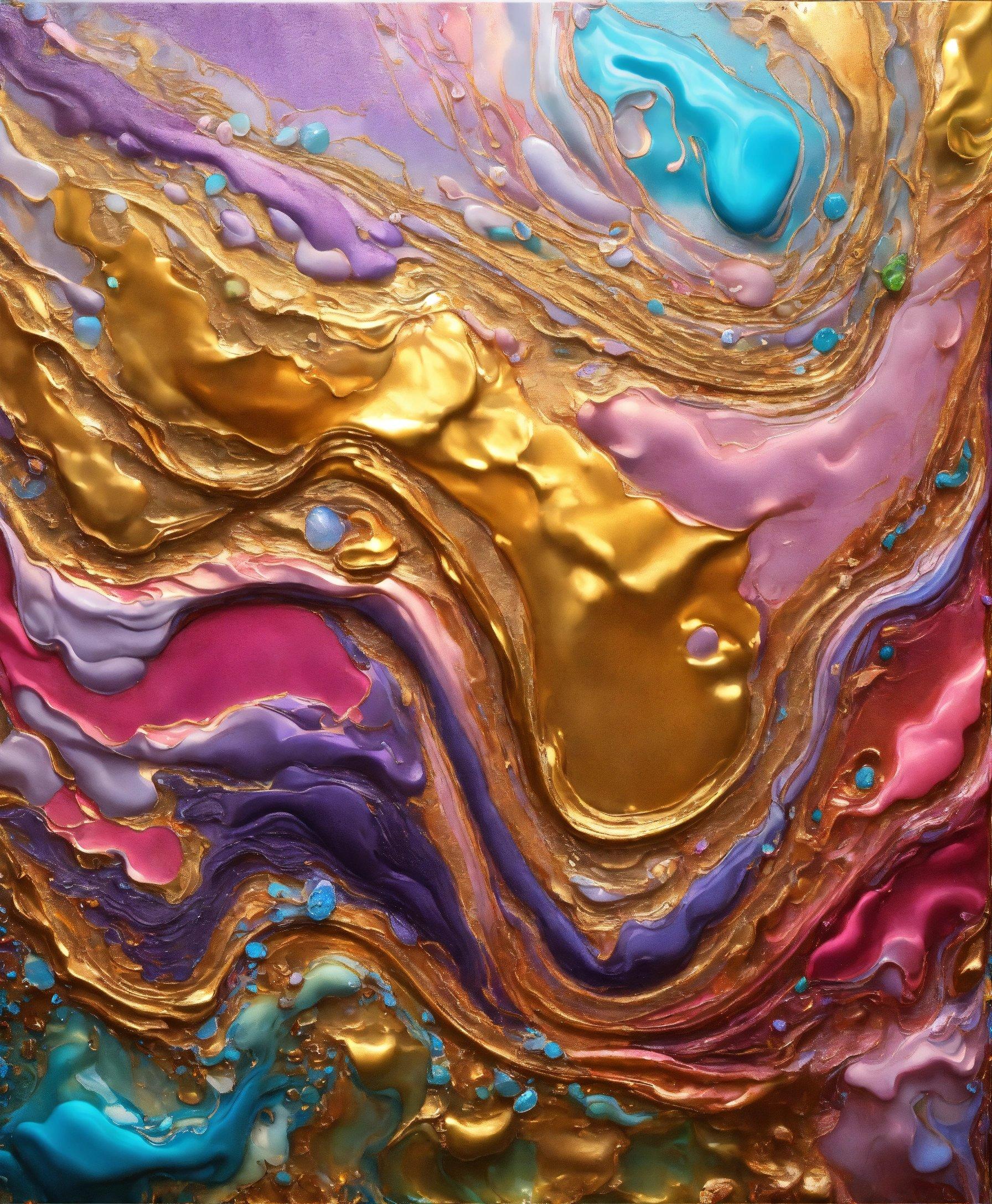 A Close Up Of A Painting With Gold, Purple, And Blue Colors