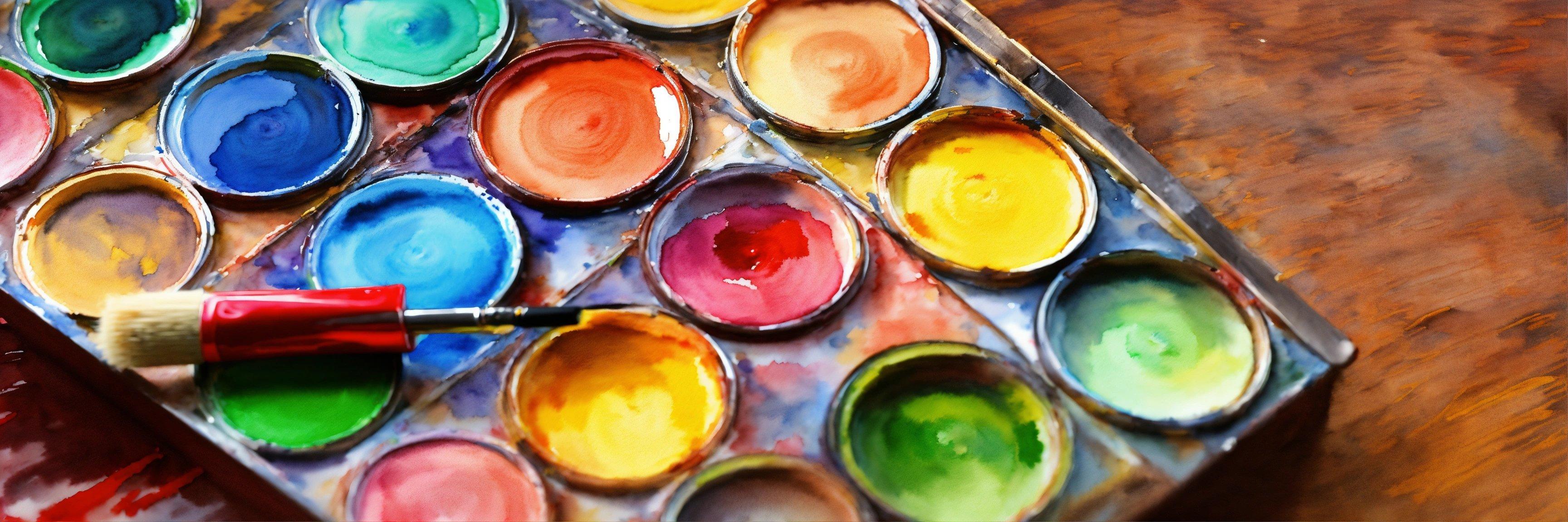 A Close Up Of A Palette Of Paint With A Brush