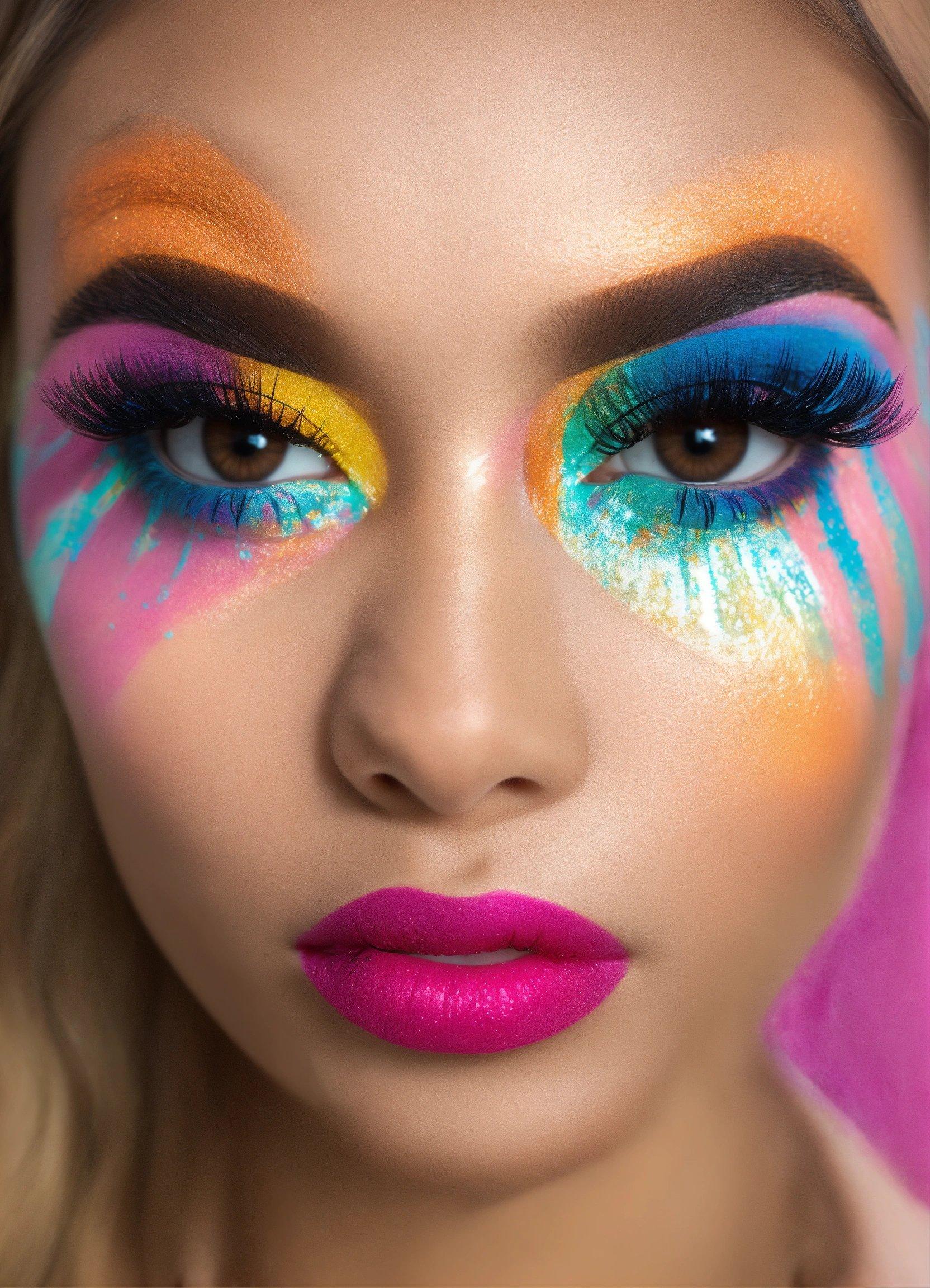 A Close Up Of A Woman With Bright Makeup