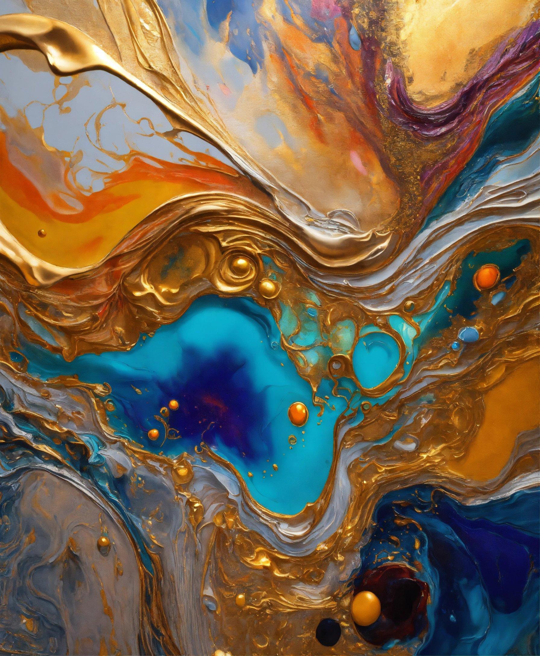 A Close Up Of An Abstract Painting With Blue, Yellow, And Orange Colors