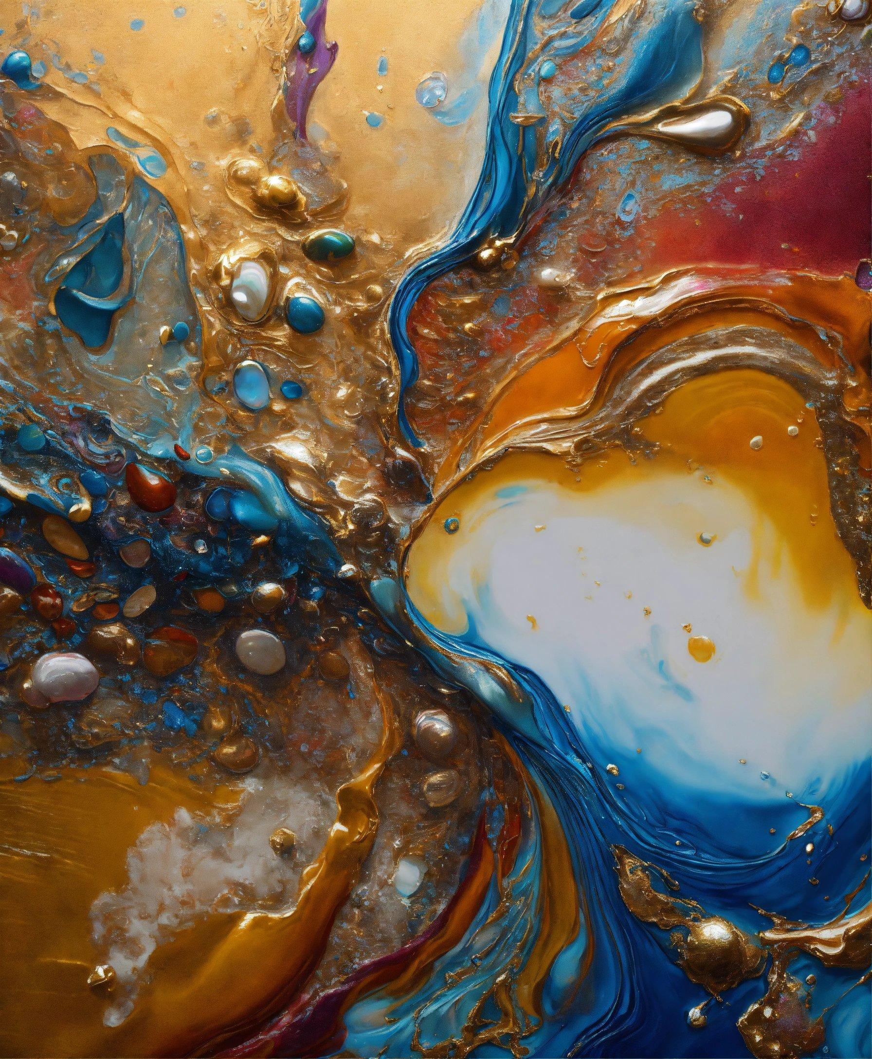 A Close Up Of An Abstract Painting With Blue, Yellow, And Red Colors