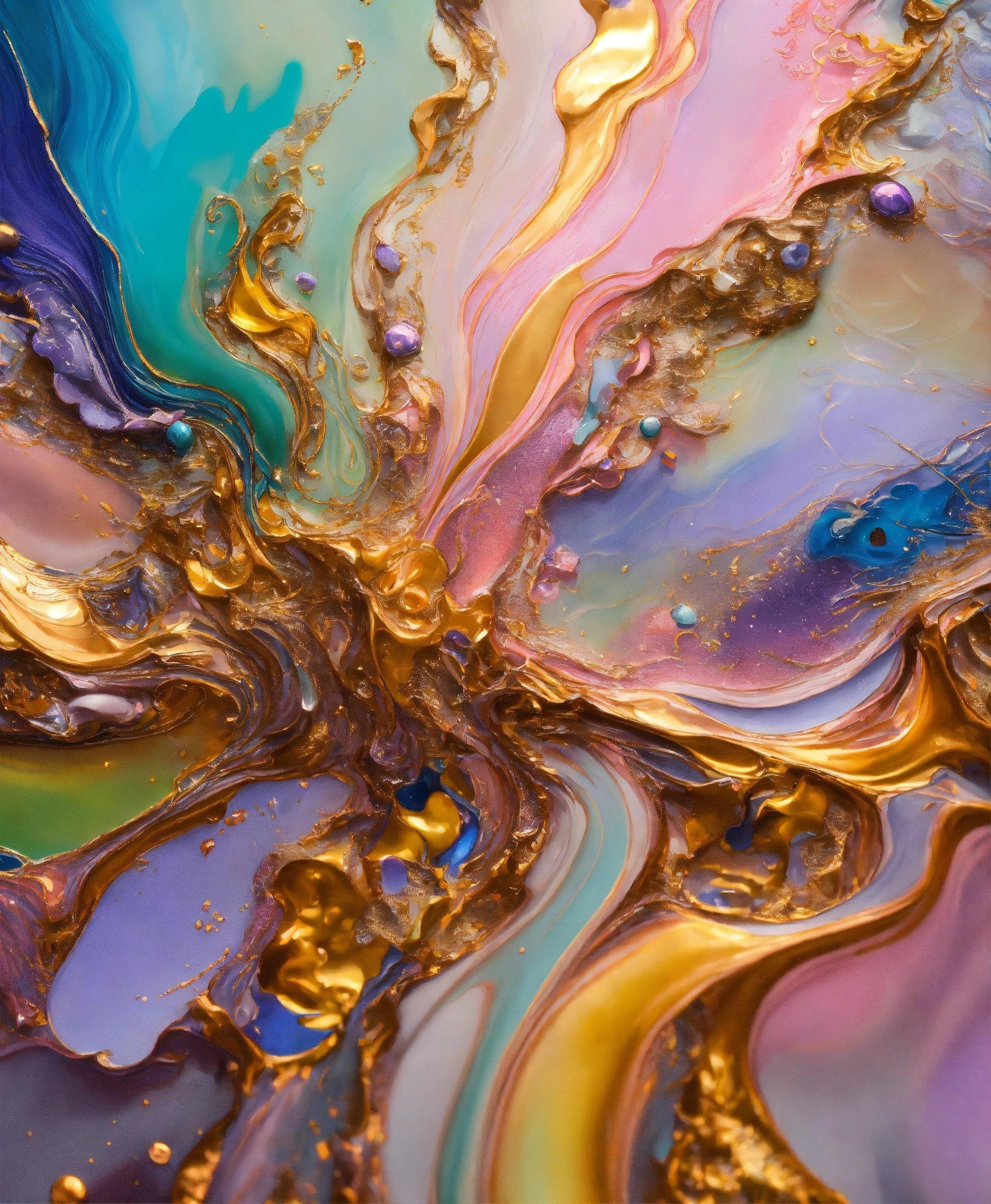 A Close Up Of An Abstract Painting With Gold And Blue Colors