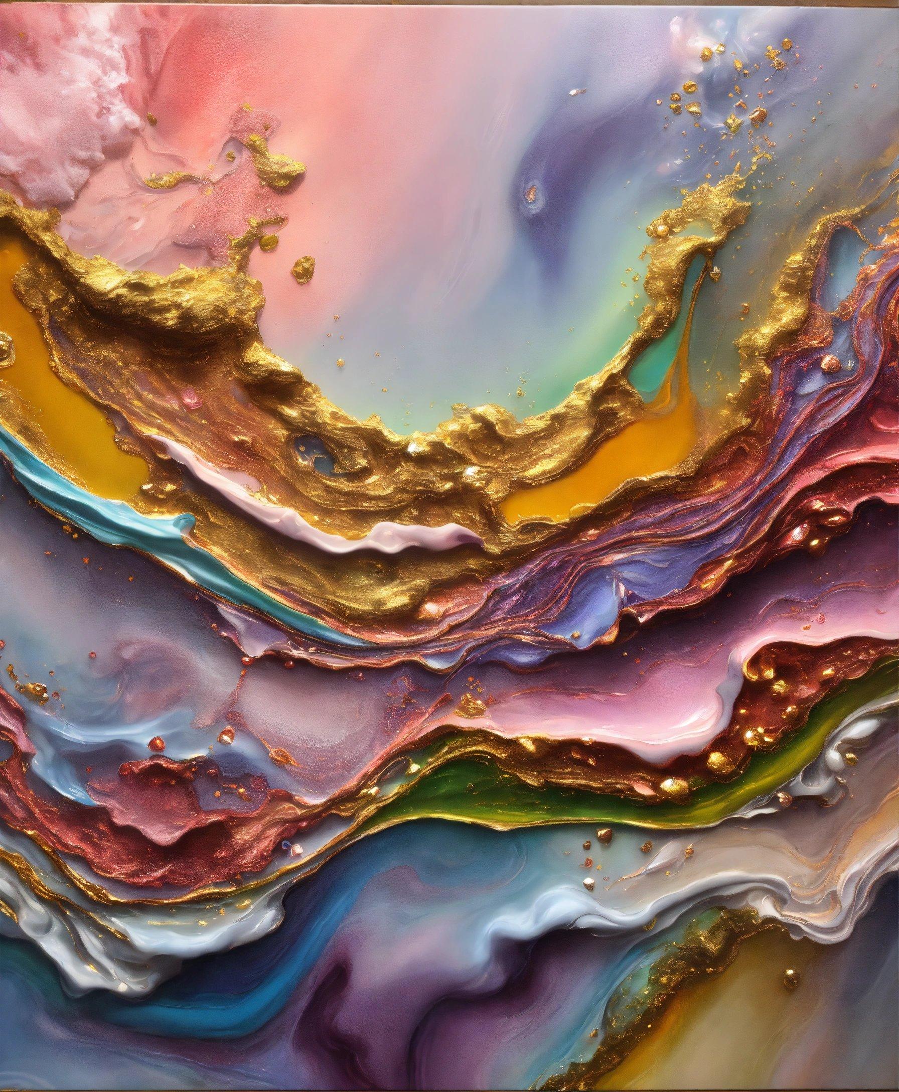 A Close Up Of An Abstract Painting With Gold And Purple Colors