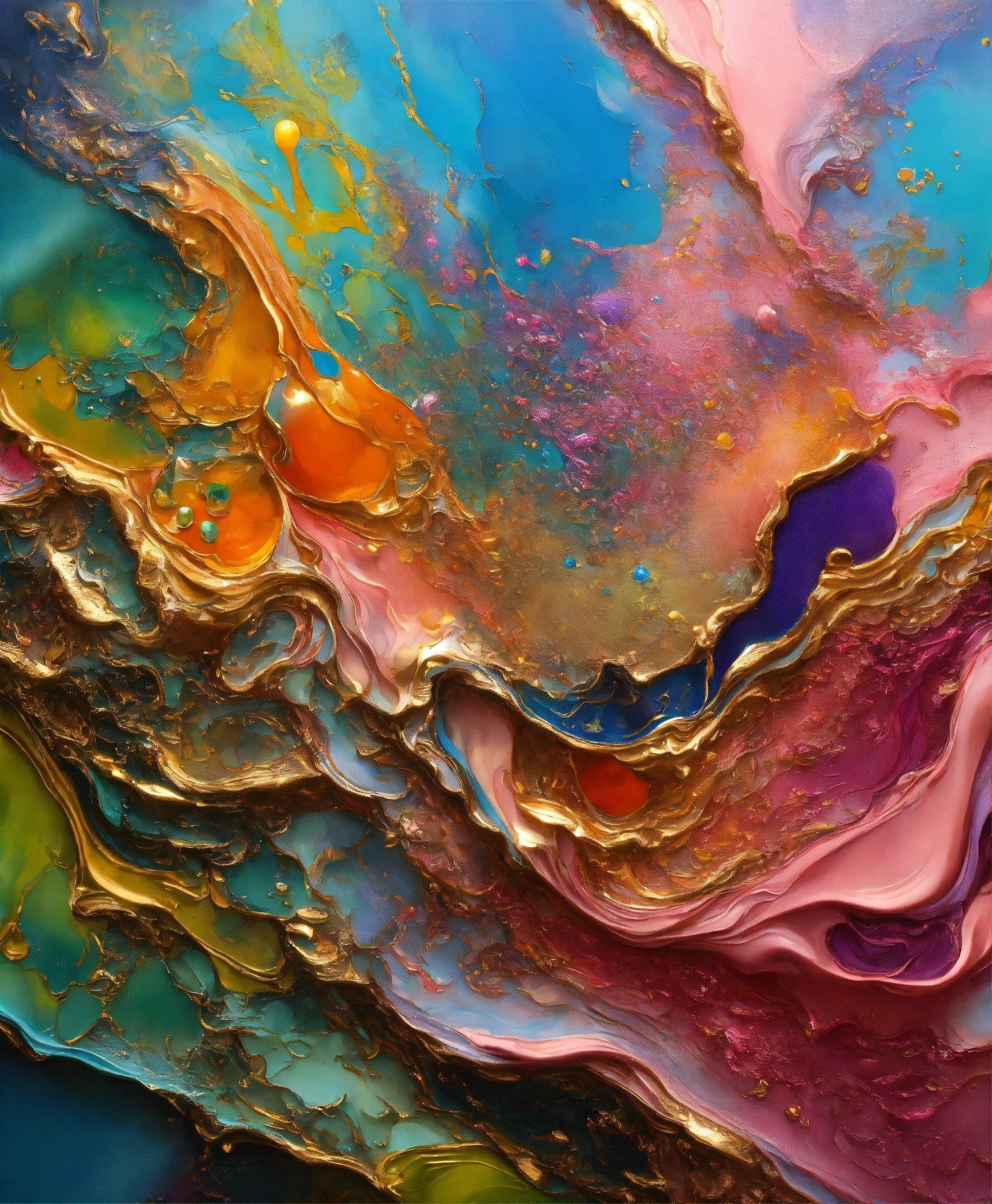 A Close Up Of An Abstract Painting With Gold, Blue, And Pink Colors