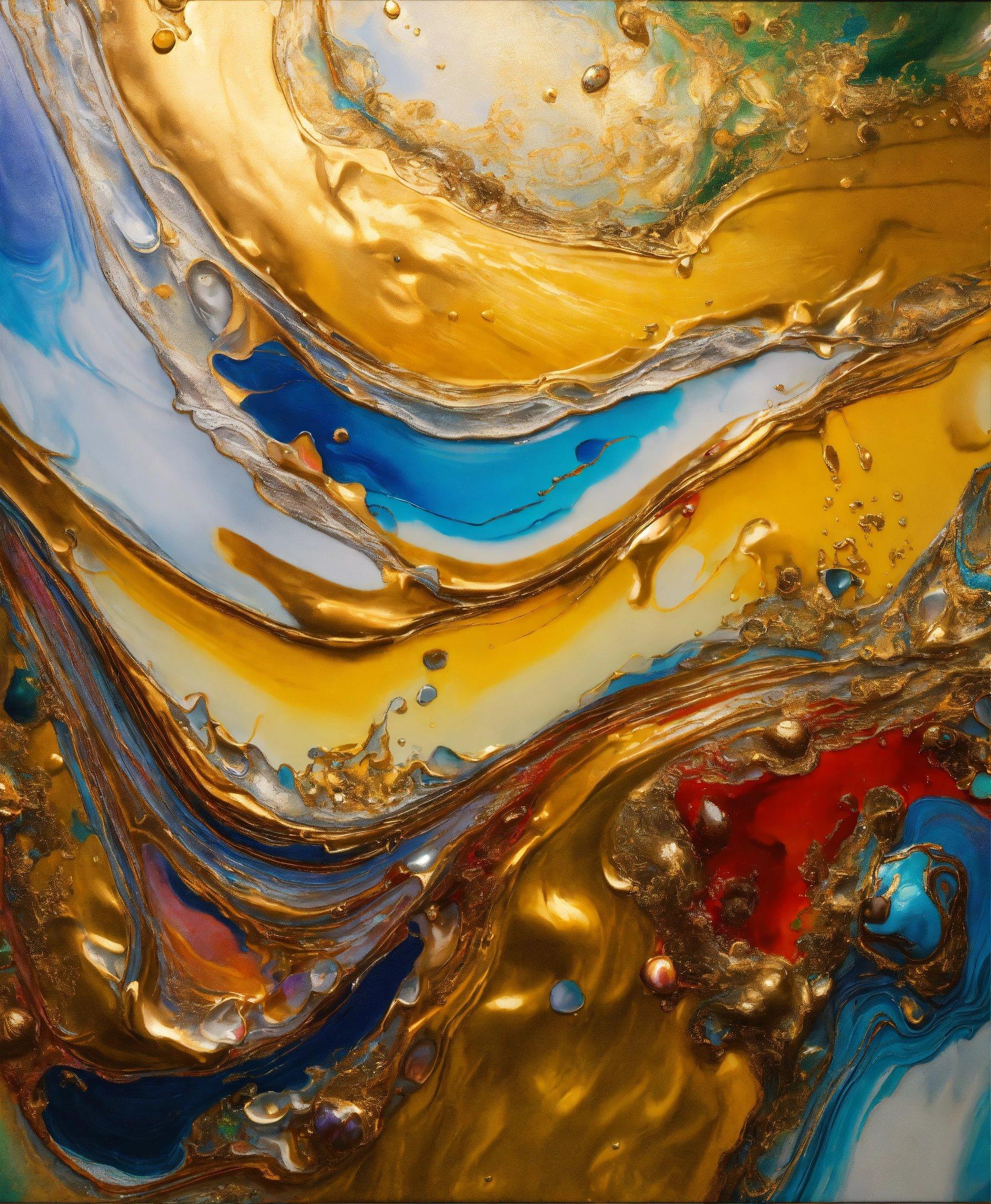 A Close Up Of An Abstract Painting With Gold, Blue, And Red Colors