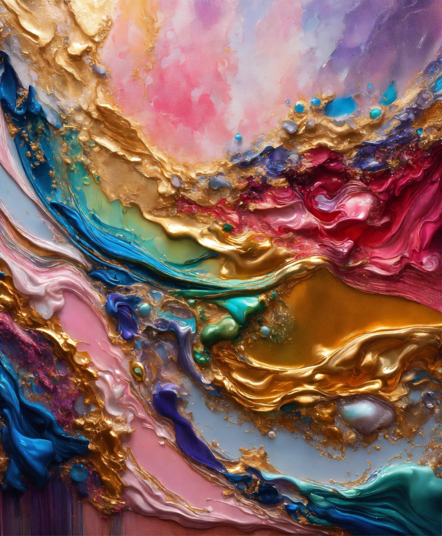 A Close Up Of An Abstract Painting With Gold, Blue, Pink, And Purple