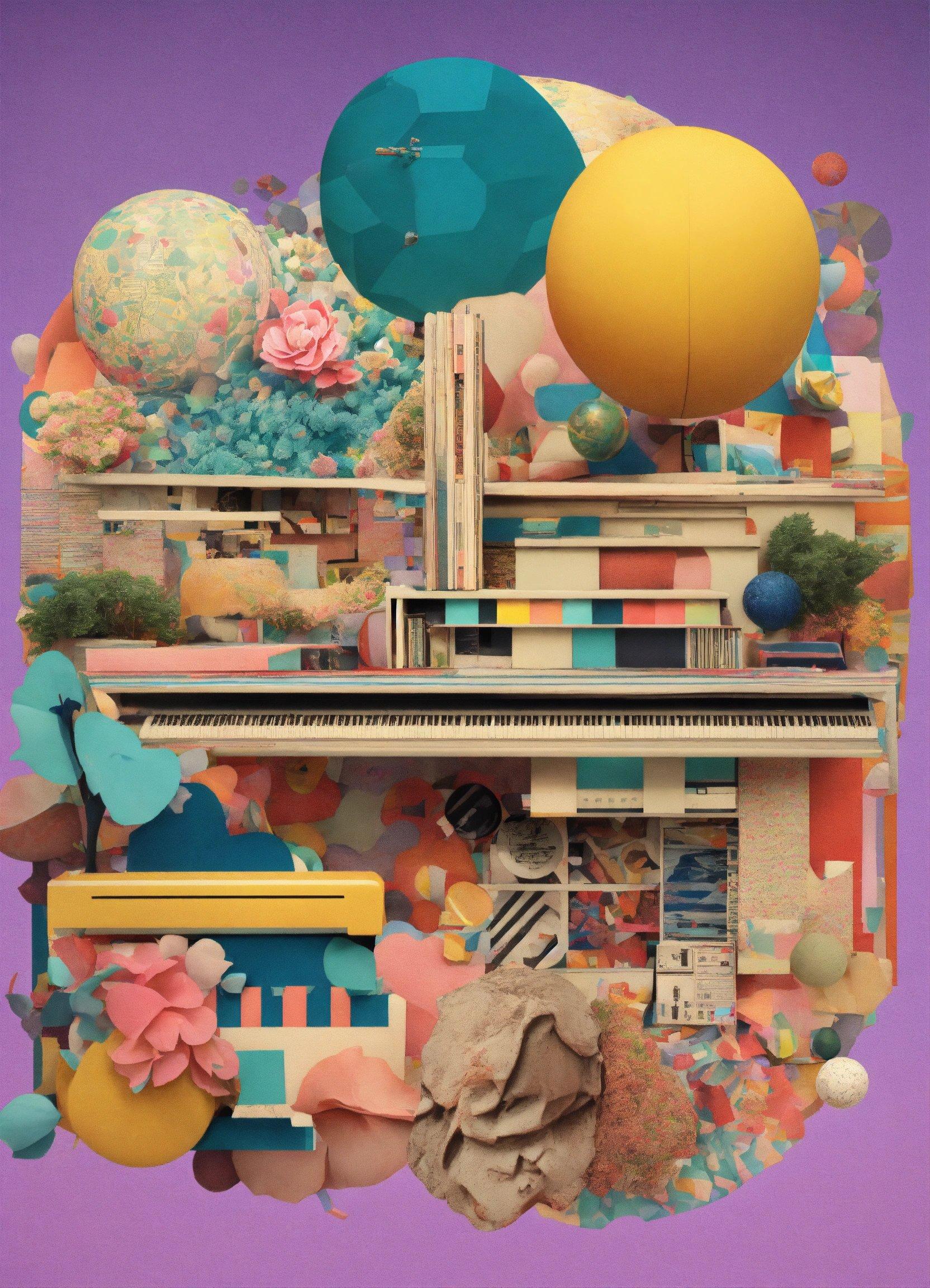 A Collage Of A Piano And Balloons