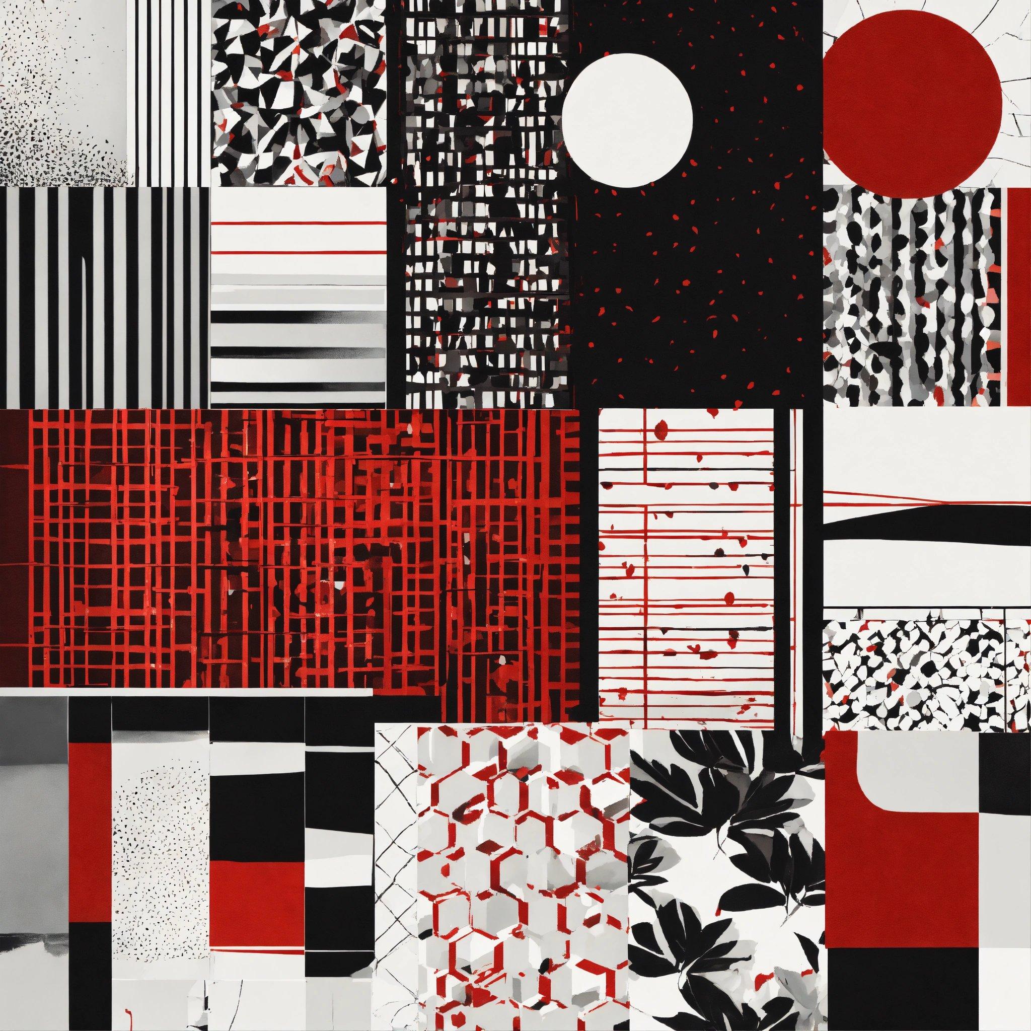 A Collage Of Red, Black And White Squares