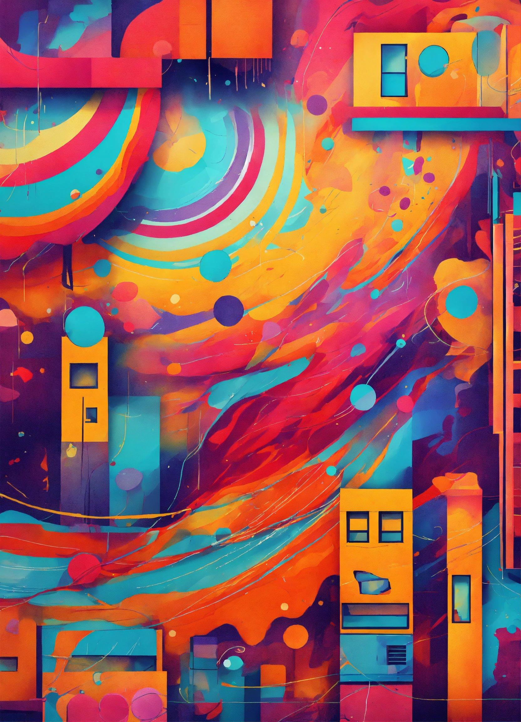 A Colorful Abstract Painting Of A Building