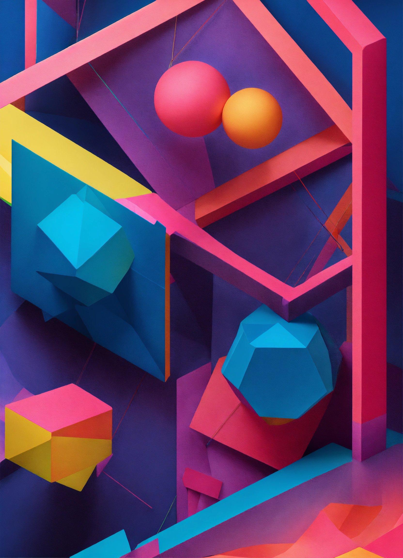 A Colorful Abstract Painting Of A Cube, Cubes, And A Ball