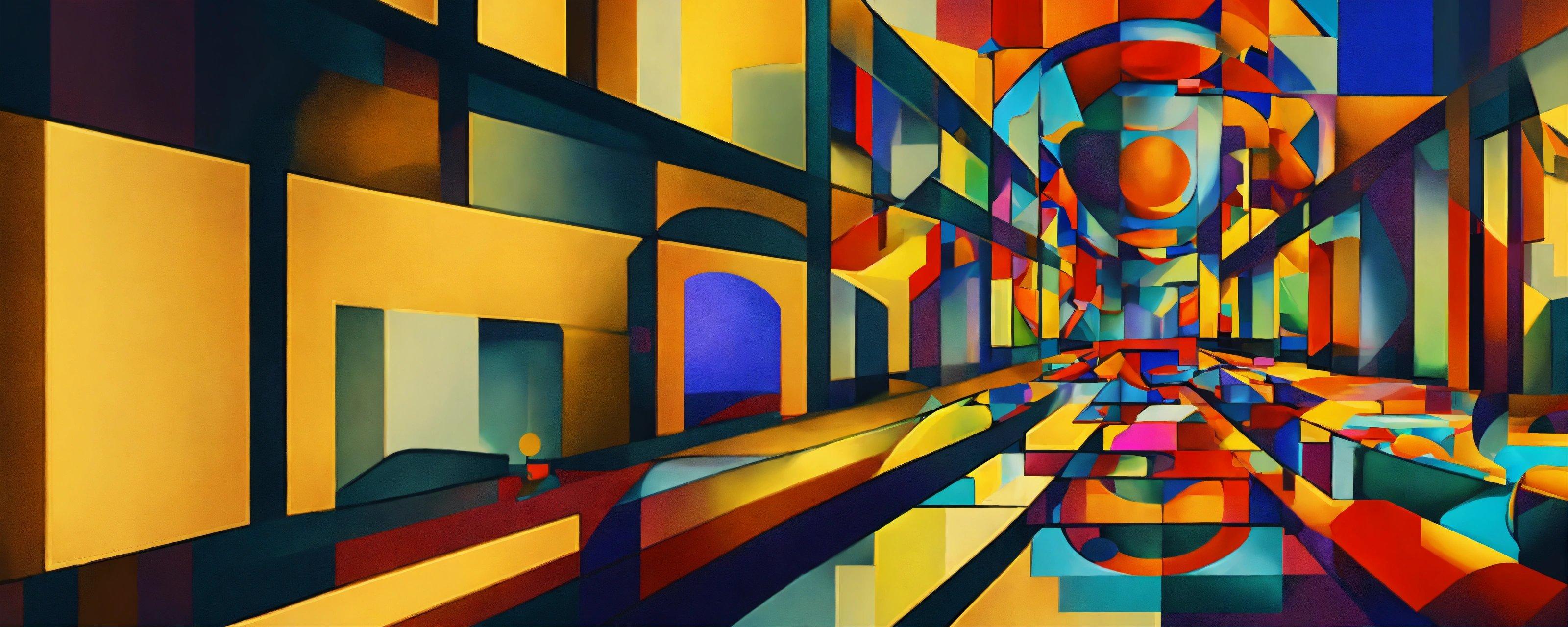 A Colorful Abstract Painting Of A Hallway