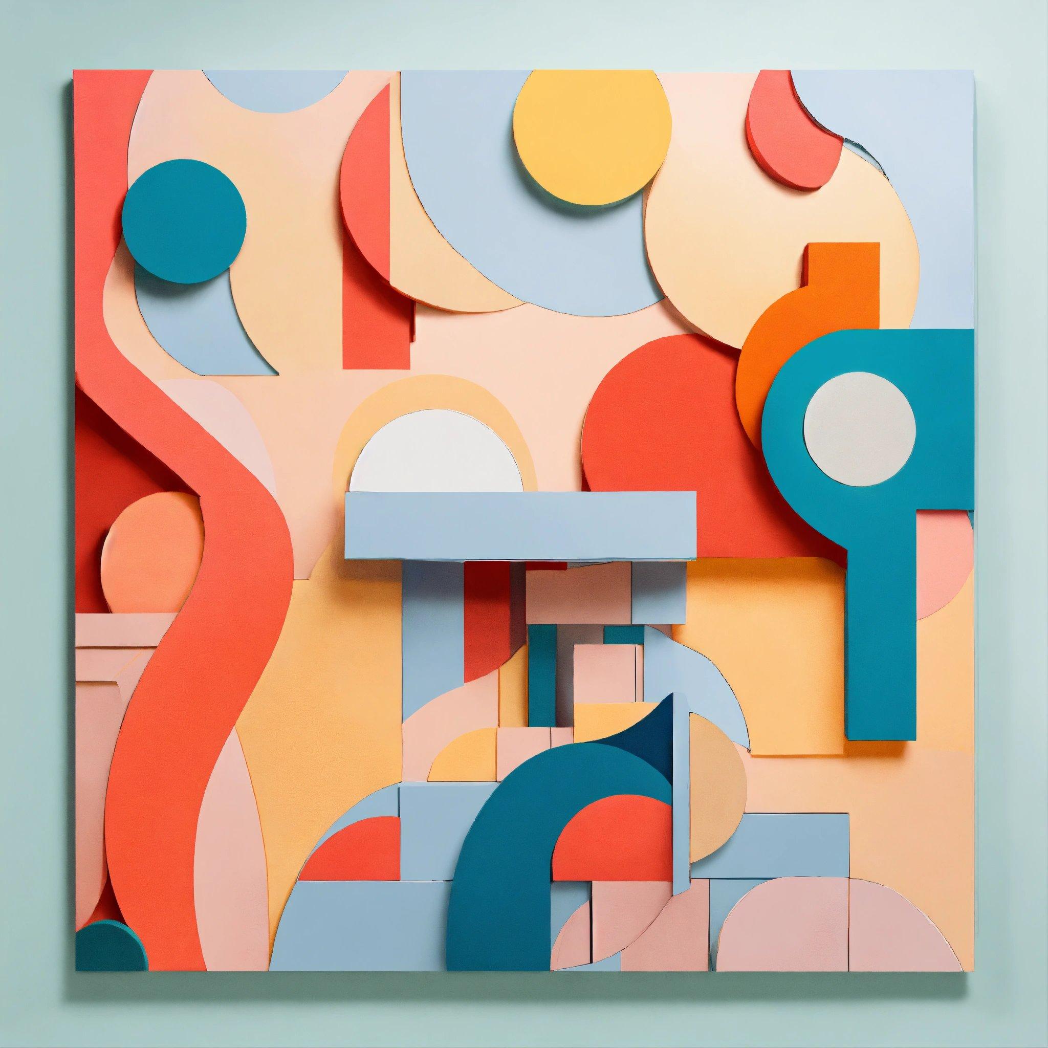 A Colorful Abstract Painting On A Blue Wall