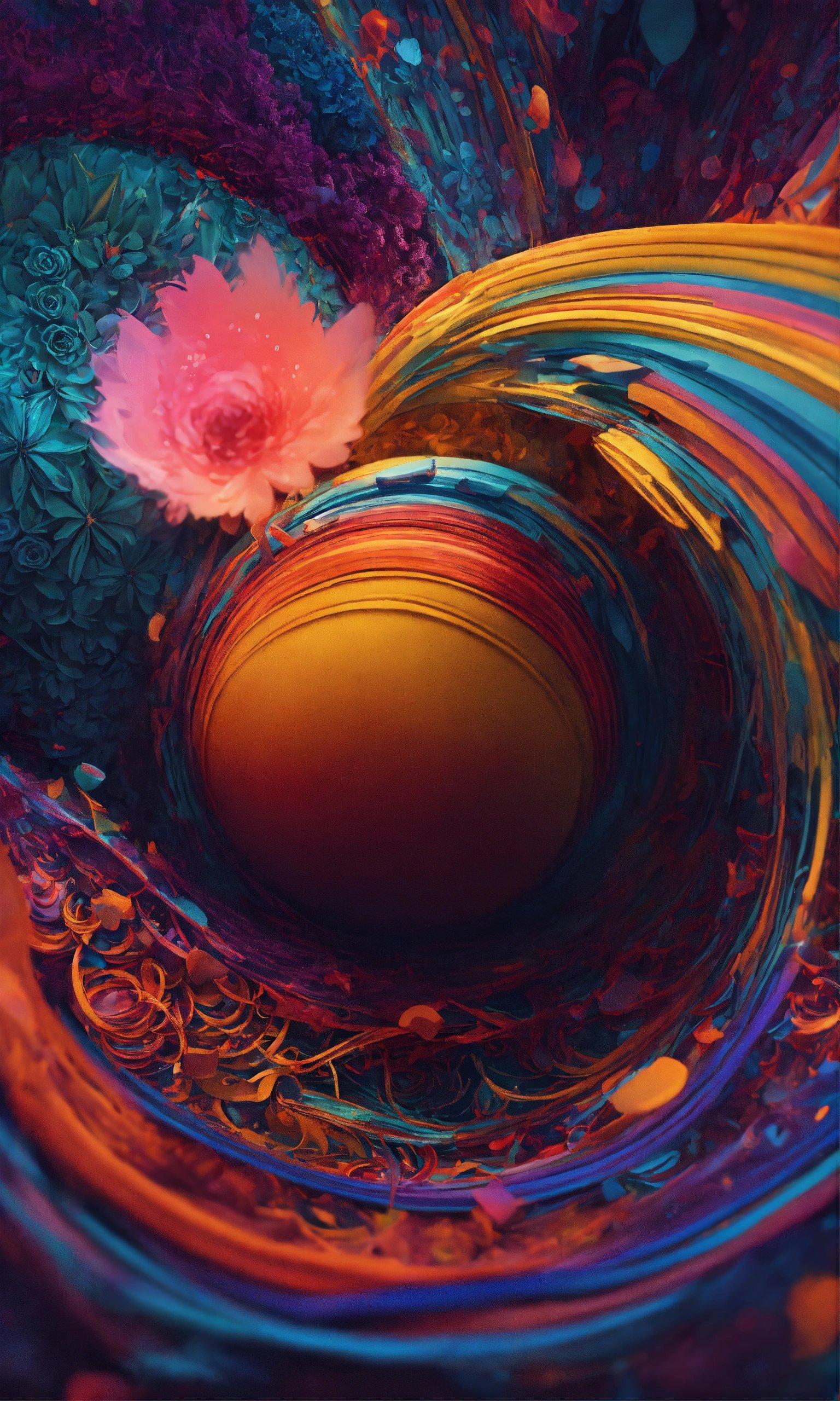 A Colorful Abstract Painting With A Ball In The Center