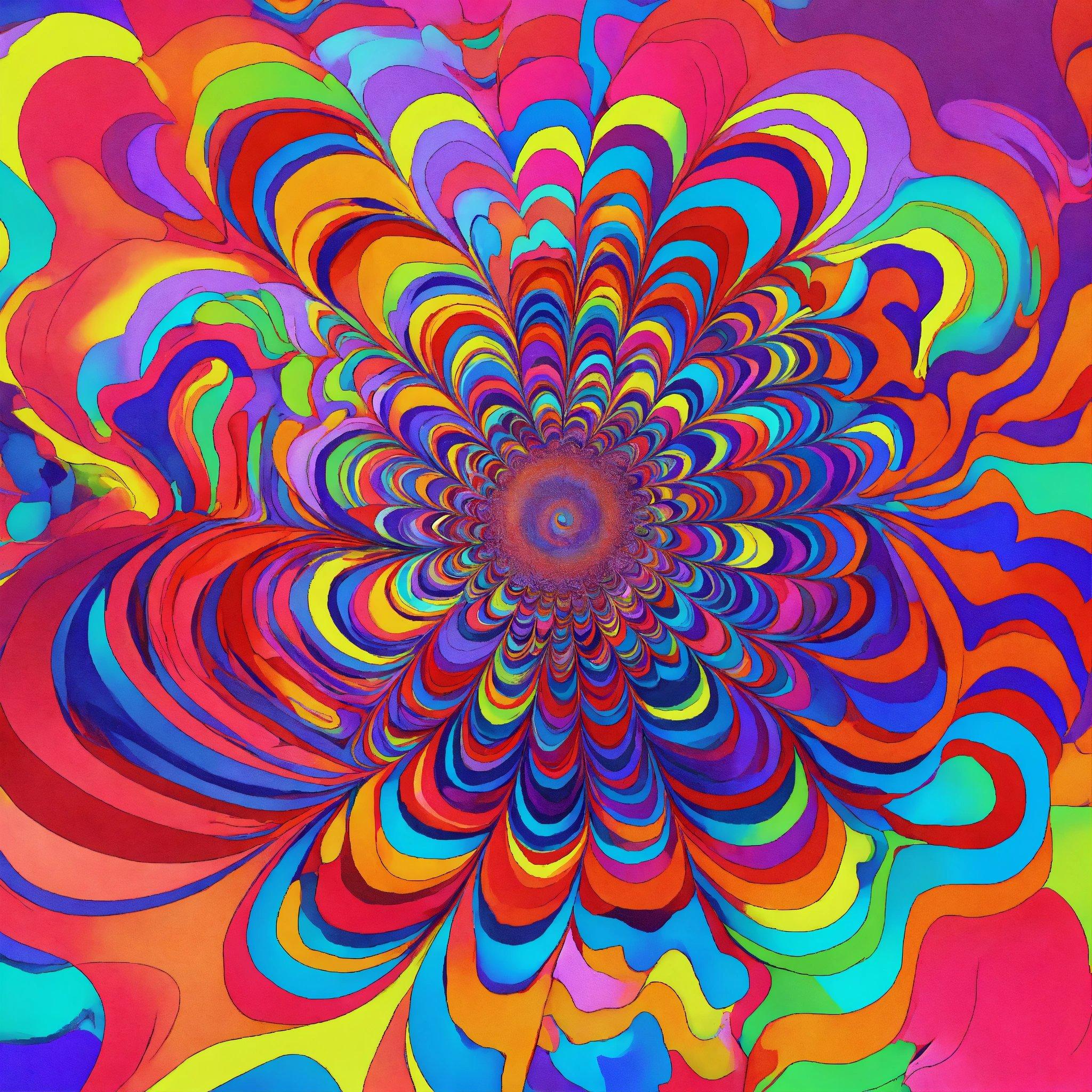 A Colorful Abstract Painting With A Large Flower In The Center