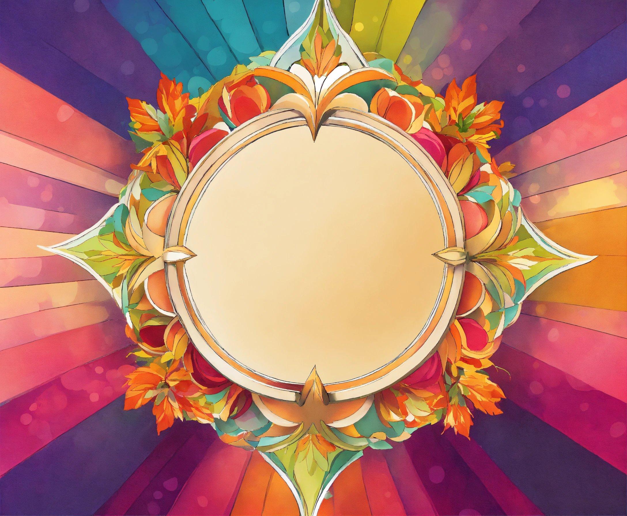 A Colorful Background With A Circular Frame Surrounded By Leaves