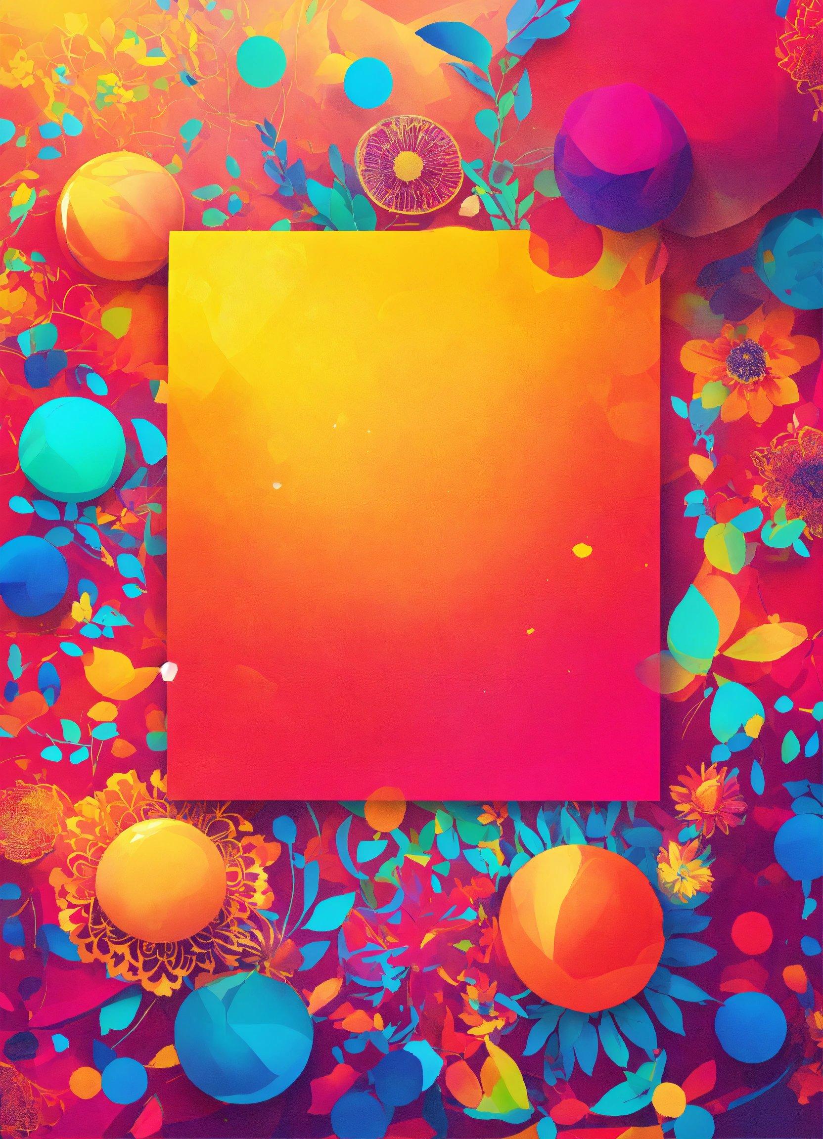 A Colorful Background With An Orange Square Surrounded By Flowers