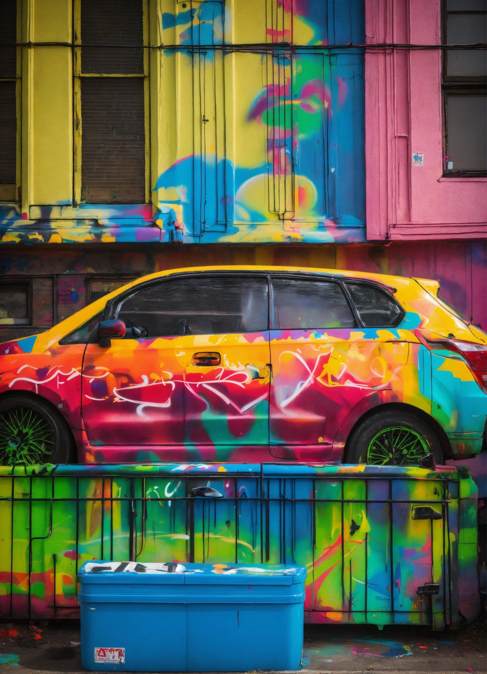 A Colorful Car Parked In Front Of A Building