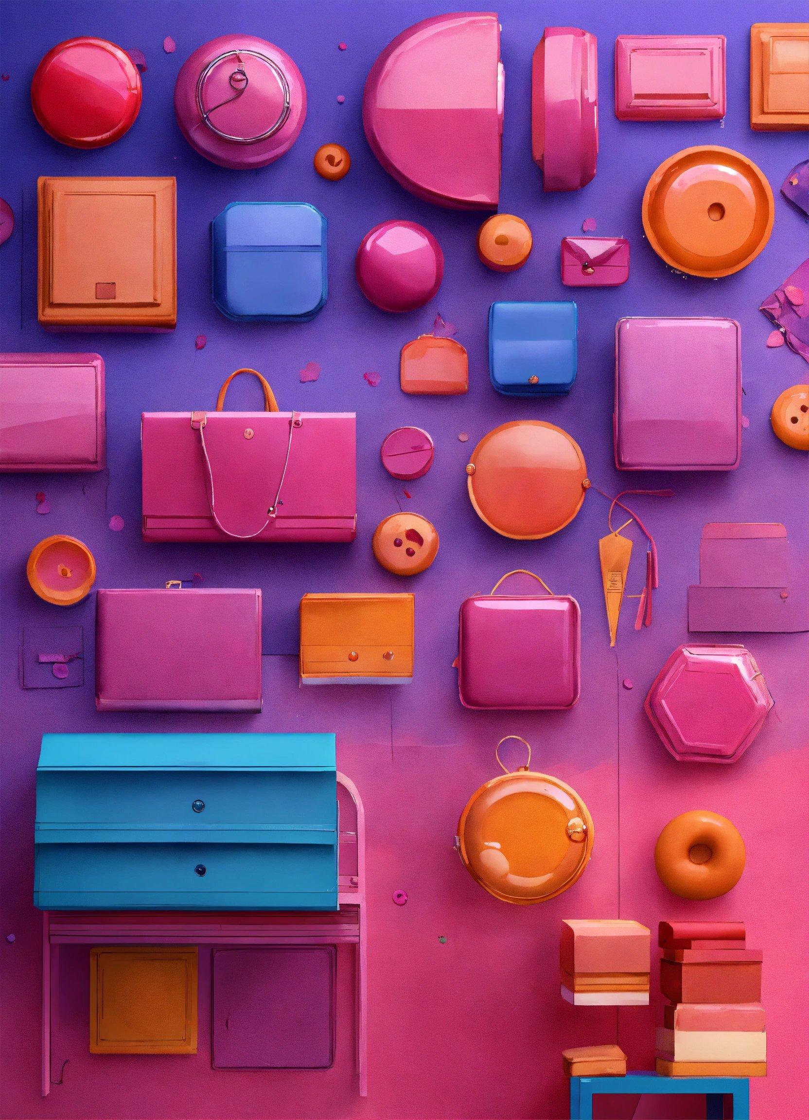 A Colorful Display Of Colorful Objects On A Purple Wall